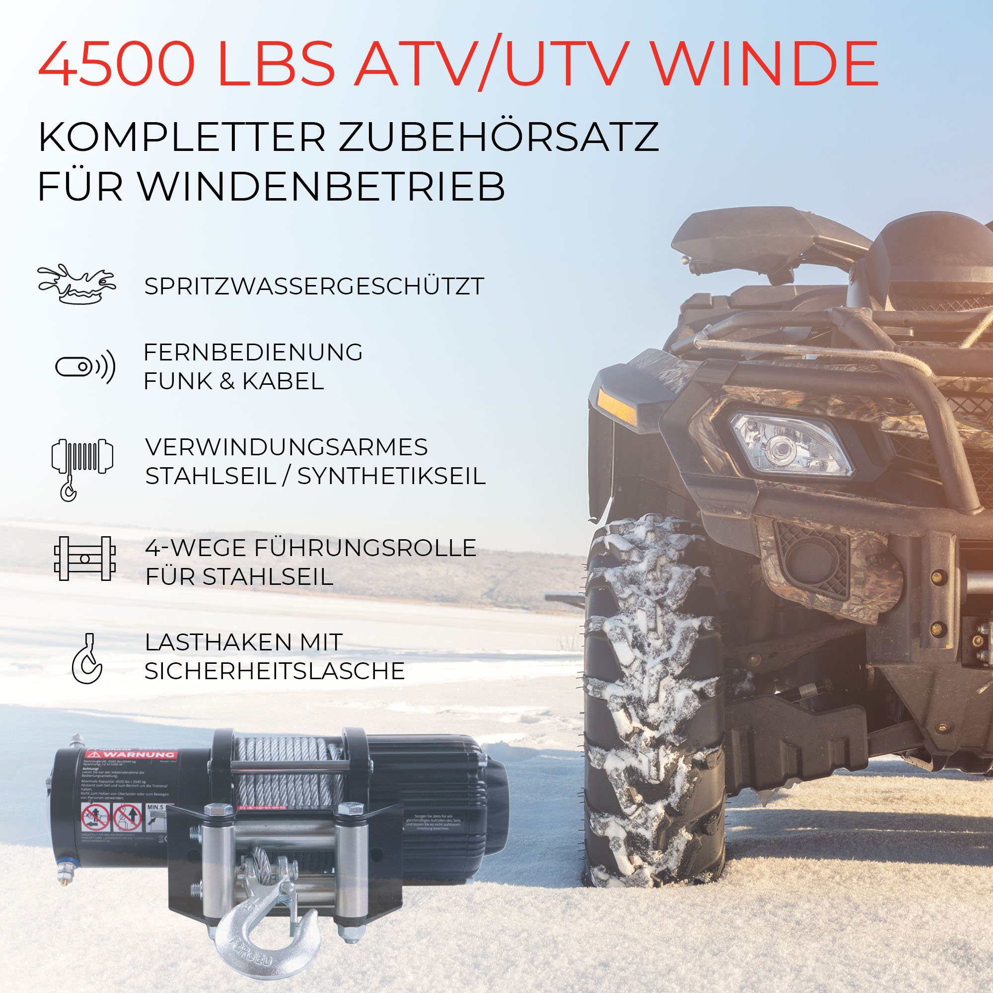 Rotfuchs Seilwinde, 12v mit Fernbedienung, 2041 kg Motorwinde Seilzug, Power Offroad Winde