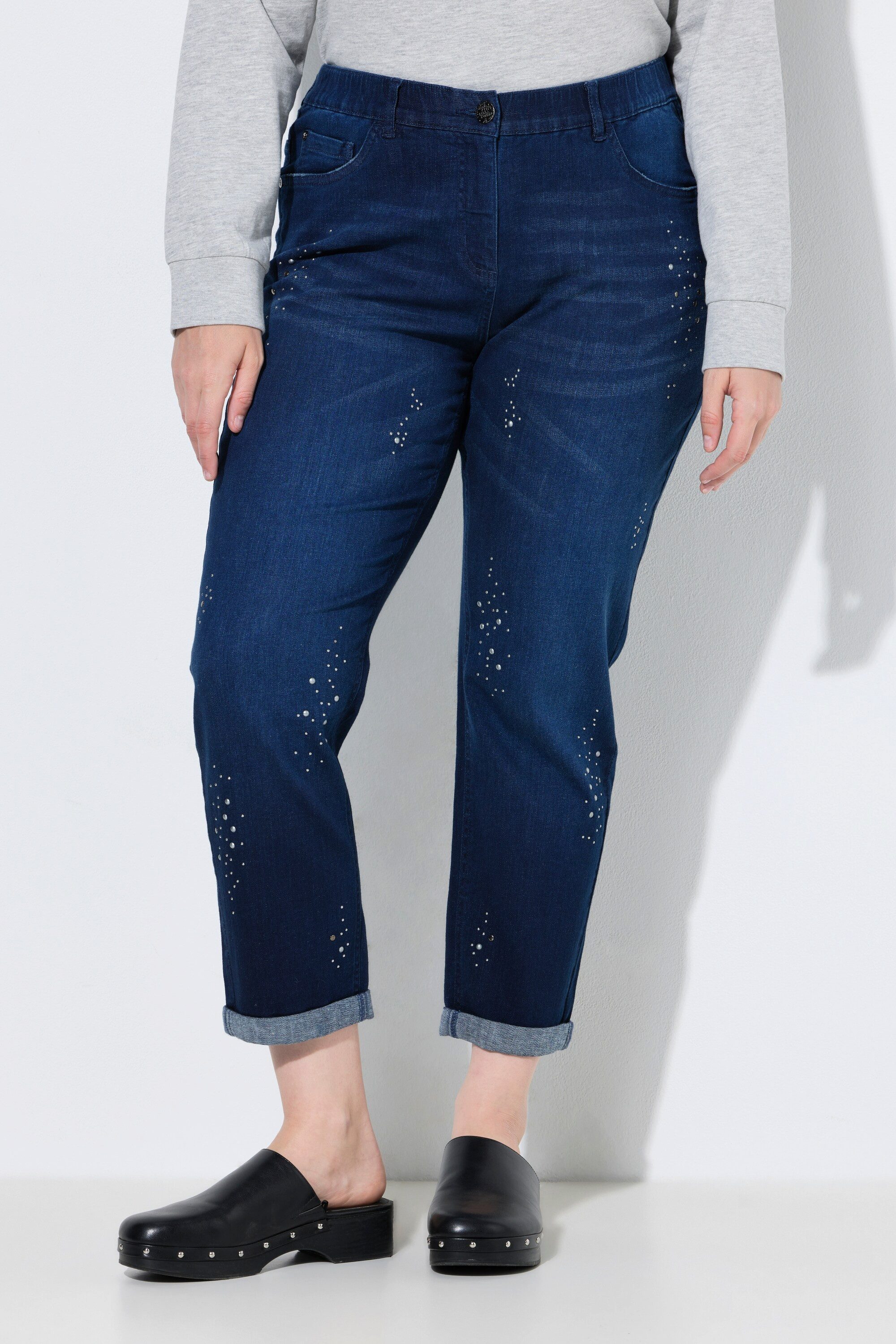 Ulla Popken Regular-fit-Jeans Boyfriend-Jeans Ziernieten Stretchdenim