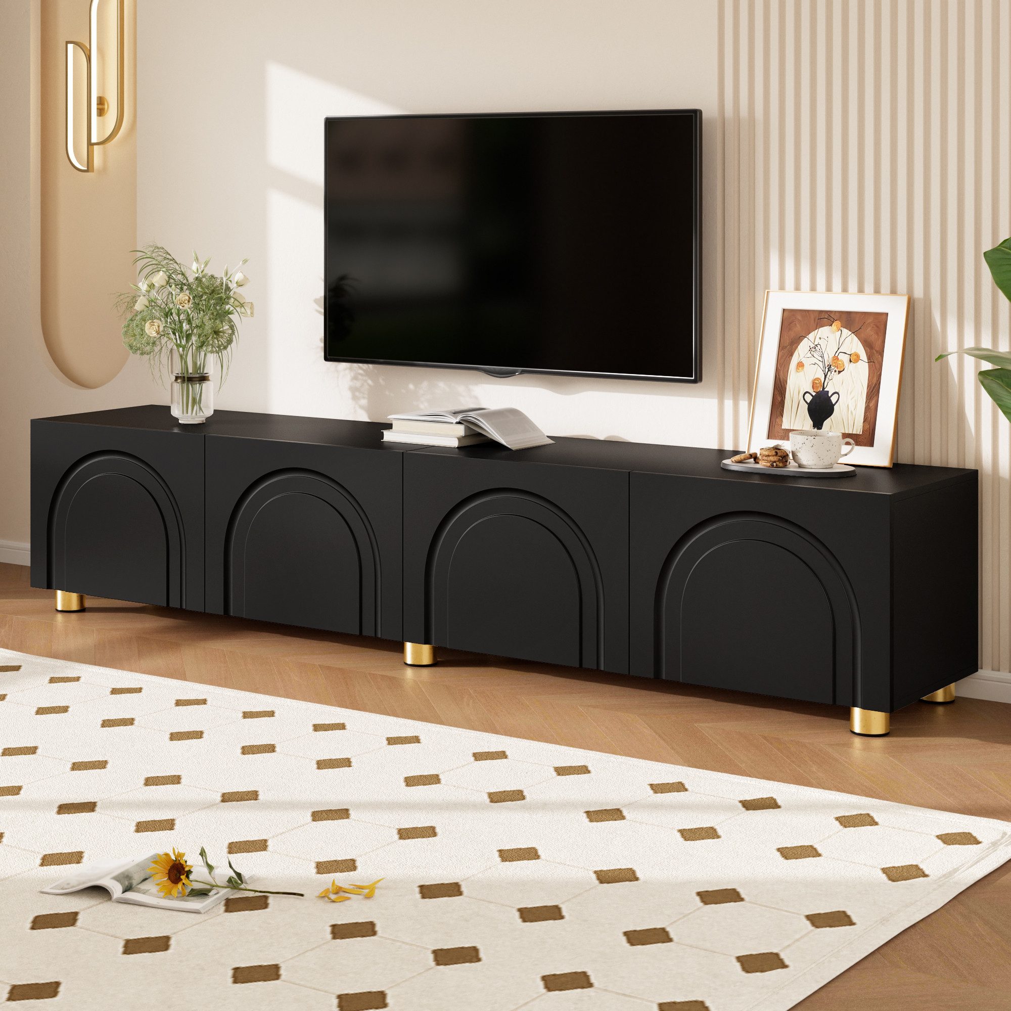 Merax Lowboard mit Bogenrelief und Metallfüßen (180 x 35 x 40 cm (L x B x H), 1 St), TV-Board TV-Schrank mit 4 Türen & großem Stauraum