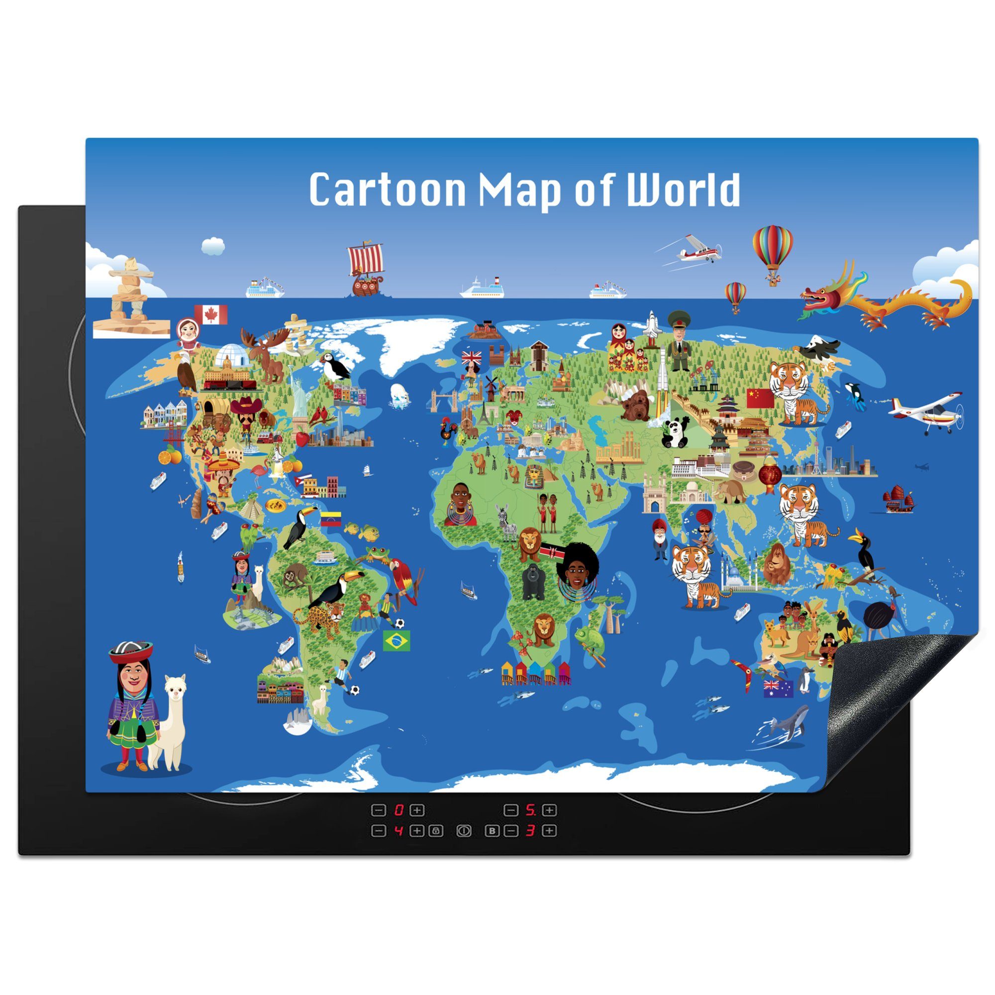 MuchoWow Herdblende-/Abdeckplatte Eine Illustration einer Cartoon-Weltkarte, Vinyl, (1 tlg), 70x52 cm, Mobile Arbeitsfläche nutzbar, Ceranfeldabdeckung