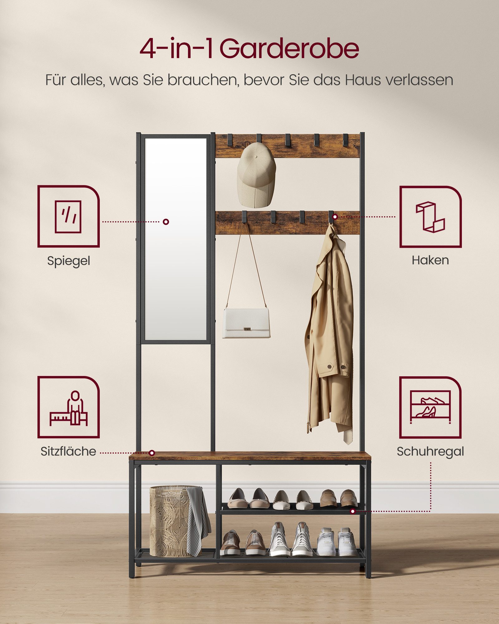 VASAGLE Garderobenständer Garderobe mit Haken, Kleiderständer mit Spiegel, Schuhbank und Ablagen, 36 x 98 x 185 cm, für Flur, Schlafzimmer, Wohnzimmer – Bild 4 von 5