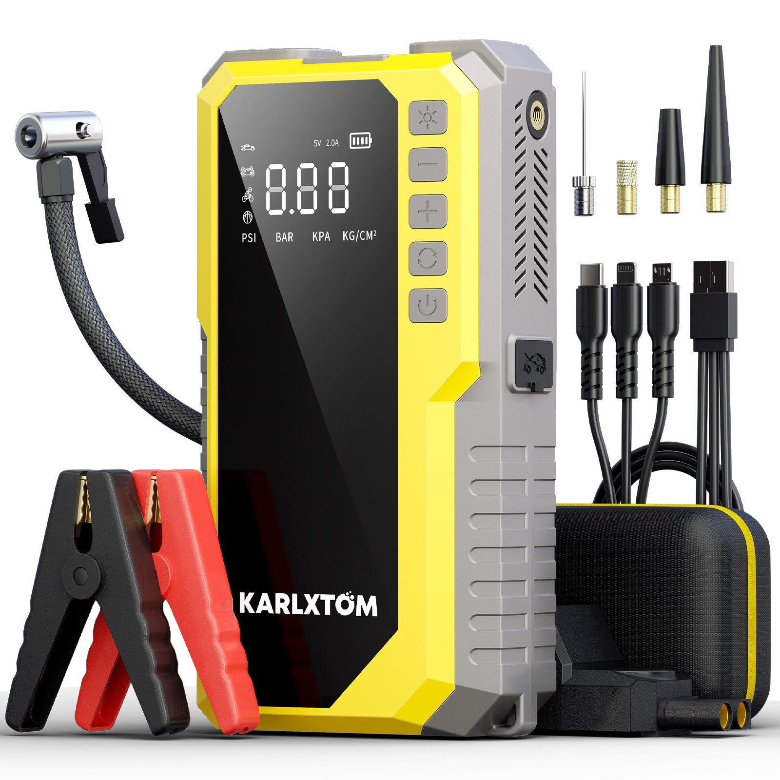 KARLXTOM Starthilfe Powerbank Auto 4500A16800mAh(12V),4-in-1 Starthilfegerät, 190PSI Luftkompressor(5 Modi),10L Benzin Oder 9L Diesel
