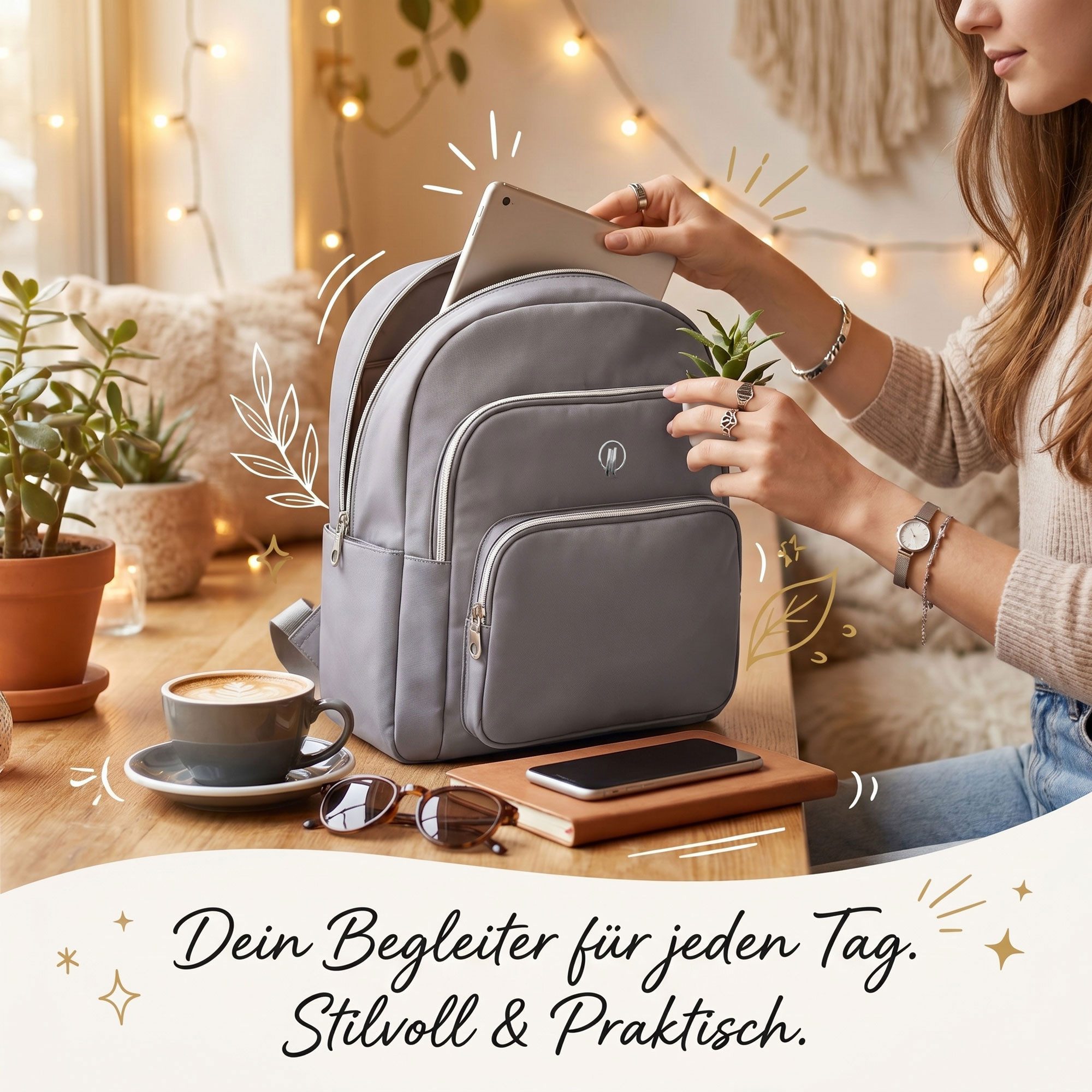 HELLSER Cityrucksack Damen klein – stylischer Damen Rucksack 34x27x15cm wasserabweisend, für Freizeit, Uni, Schule, Büro - Koffergurt & versteckte Tasche