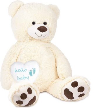 BRUBAKER Kuscheltier XXL Teddybär Weiß 100 cm mit Hello Baby Herz (Stofftier Plüschtier, 1-St), Kuscheltier Geschenk für Geburt, Babyparty, Gender Reveal
