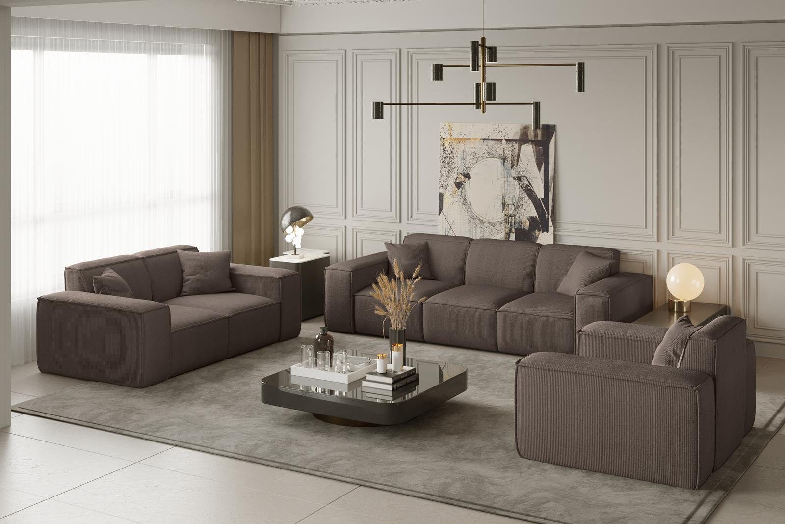 Beautysofa Polstergarnitur Lugano, (aus Cordstoff oder Velourstoff,  bestehend aus 3-Sitzer + 2-Sitzer + Sessel), Set im modernes Stil, mit  Wellenfedern, breite Armlehnen