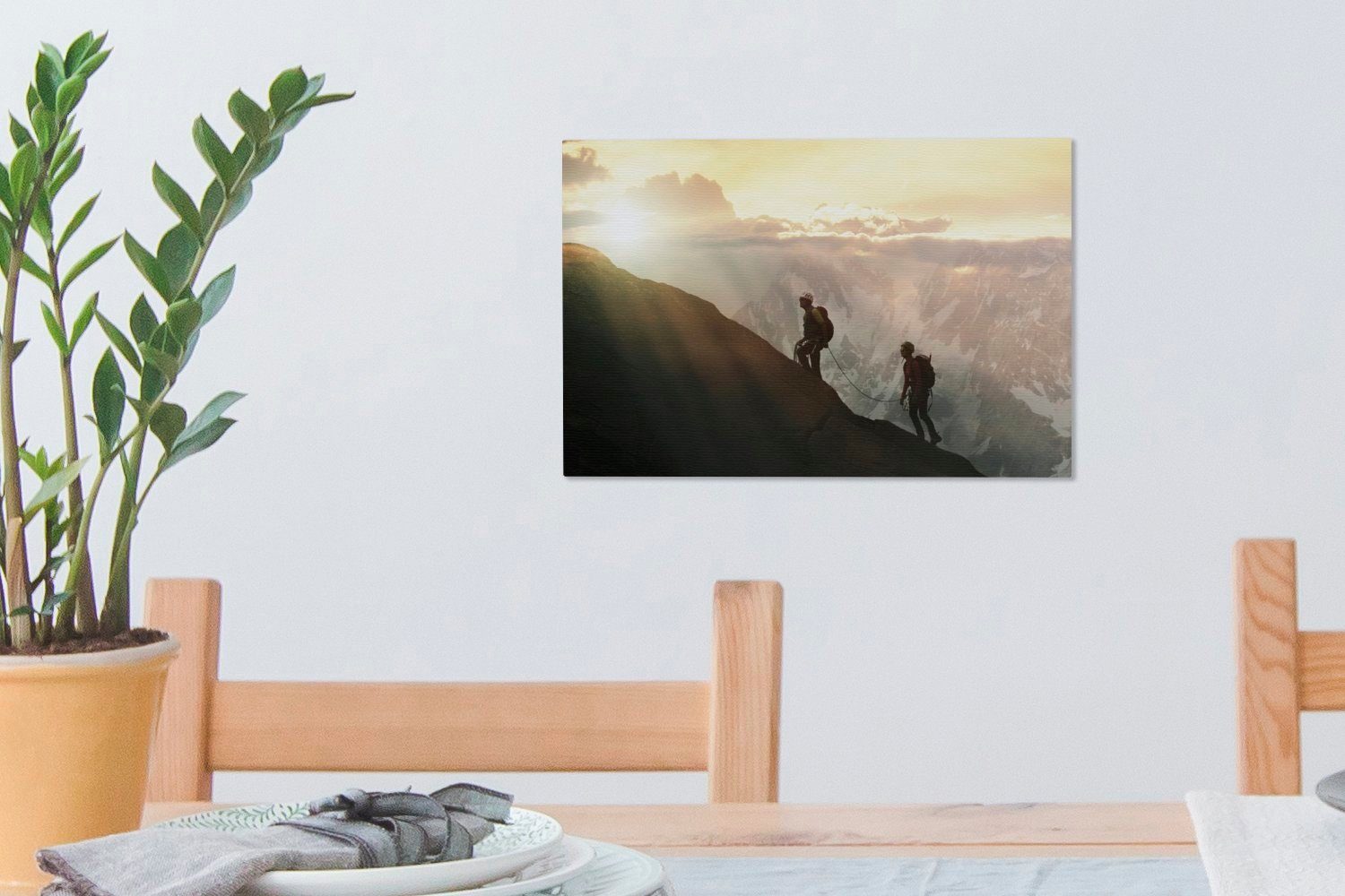 OneMillionCanvasses® Leinwandbild 30x20 bei Bergsteiger Leinwandbilder, erklimmen St), Sonnenuntergang, Berg Wanddeko, Aufhängefertig, (1 cm Wandbild