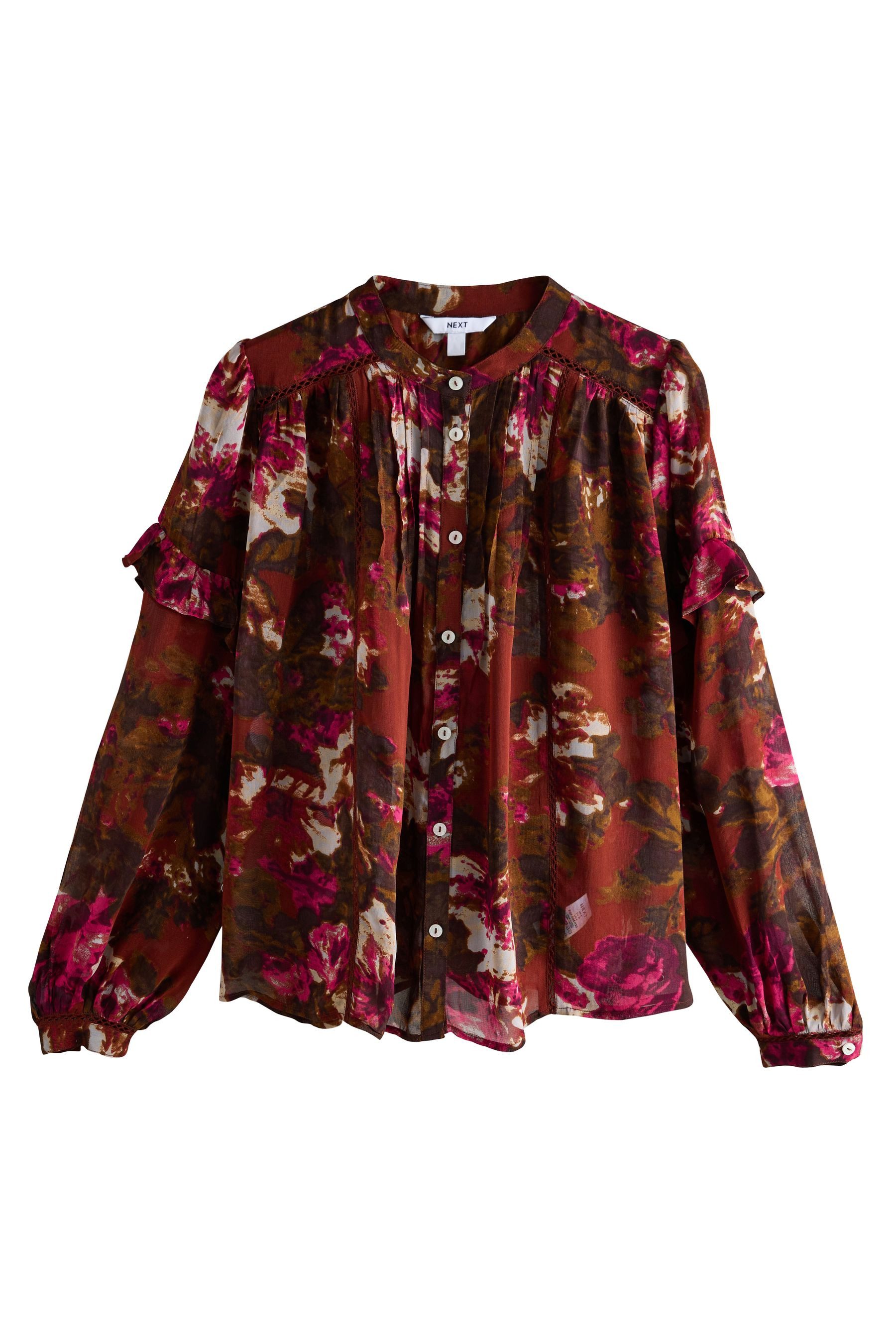 Langarmbluse Langärmelige Bluse mit Print, Biesen und Rüschen