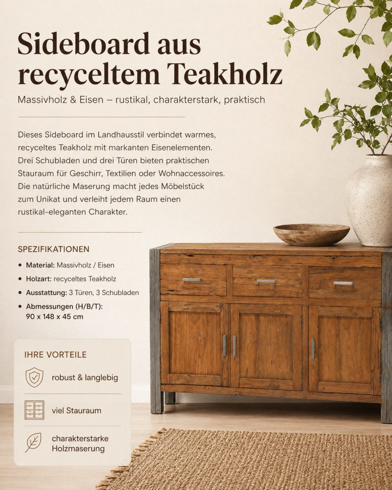 Wohnpalast Sideboard Sideboard Vintage Teak - Massivholz Kommode 3 Schubladen