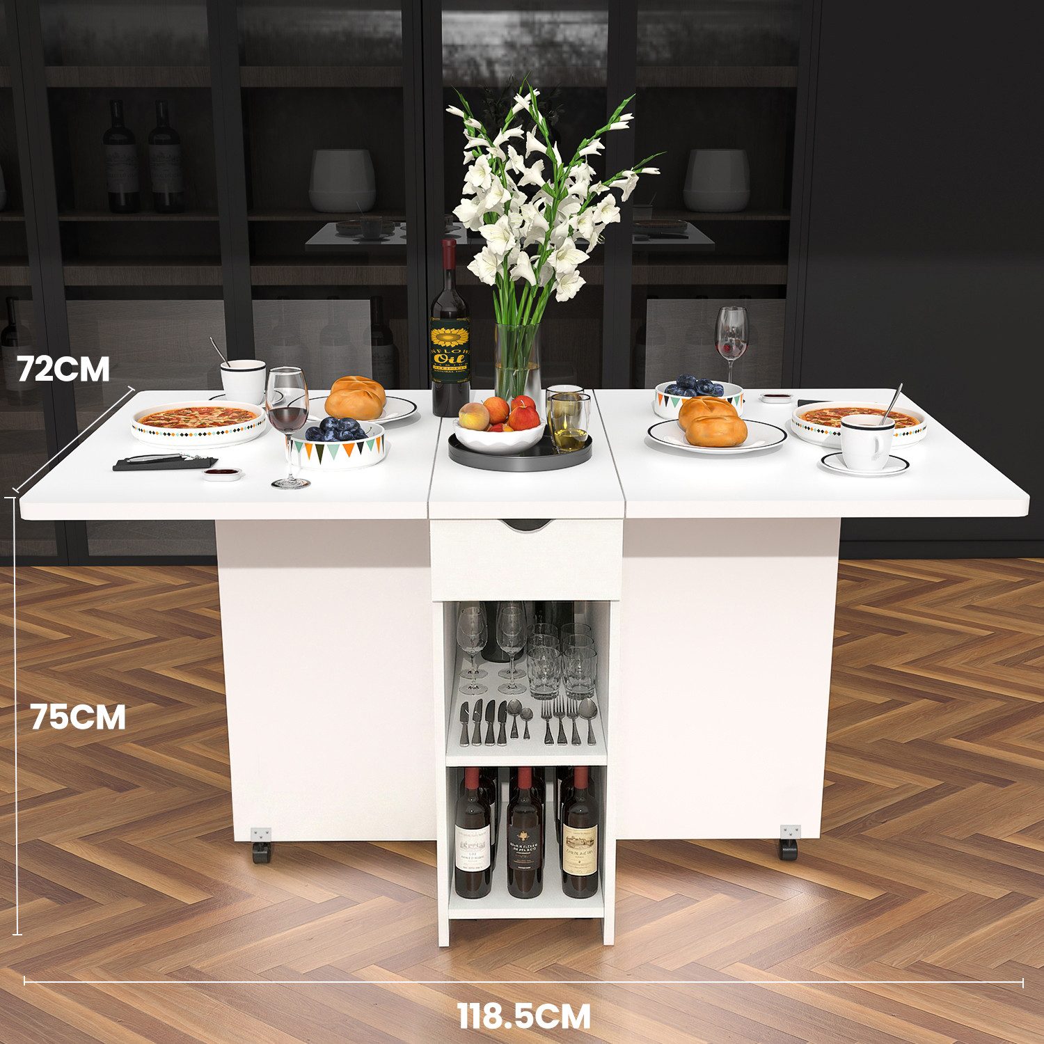 oyajia Esstisch Klapptisch für 4-6 Personen mit Offenen Ablagen, 1 Schublade (Klappbarer Esstisch, 118.5 x 72 x 75CM), Esszimmer für Kleine Räume