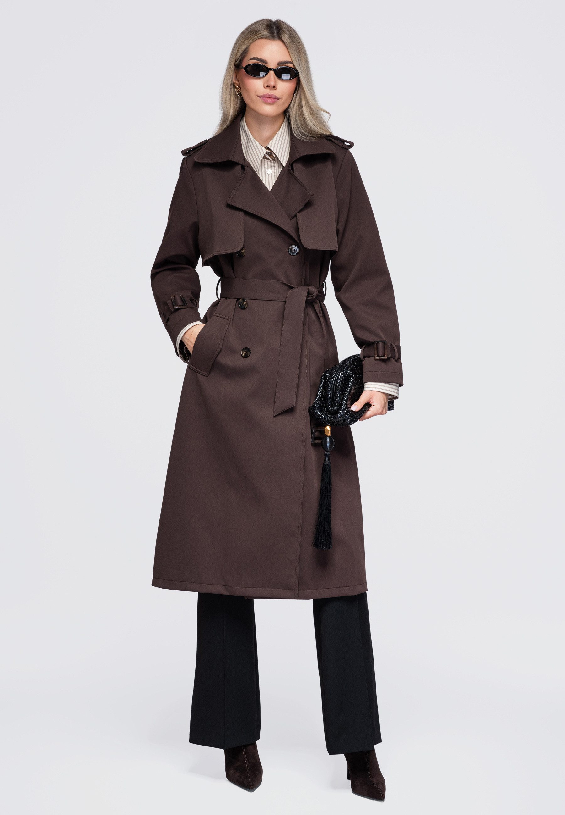 OMBRE Trenchcoat Damen Trenchcoat mit breitem Revers und Gürtel Braun L (kein Set, 1-tlg) in Unifarbe