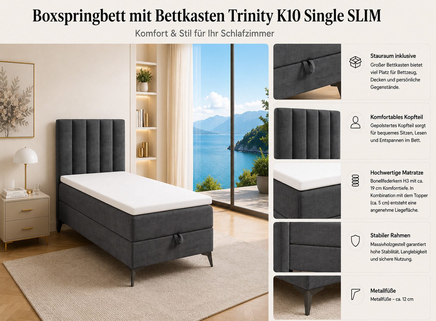 Best for Home Boxspringbett K10 Single SLIM mit Bettkasten & Bonellfederkernmatratze, Topper H3 (Einzelbett, Polsterbett, Kinderbett, Juniorbett, Hotelbett, 70x – Bild 3 von 5