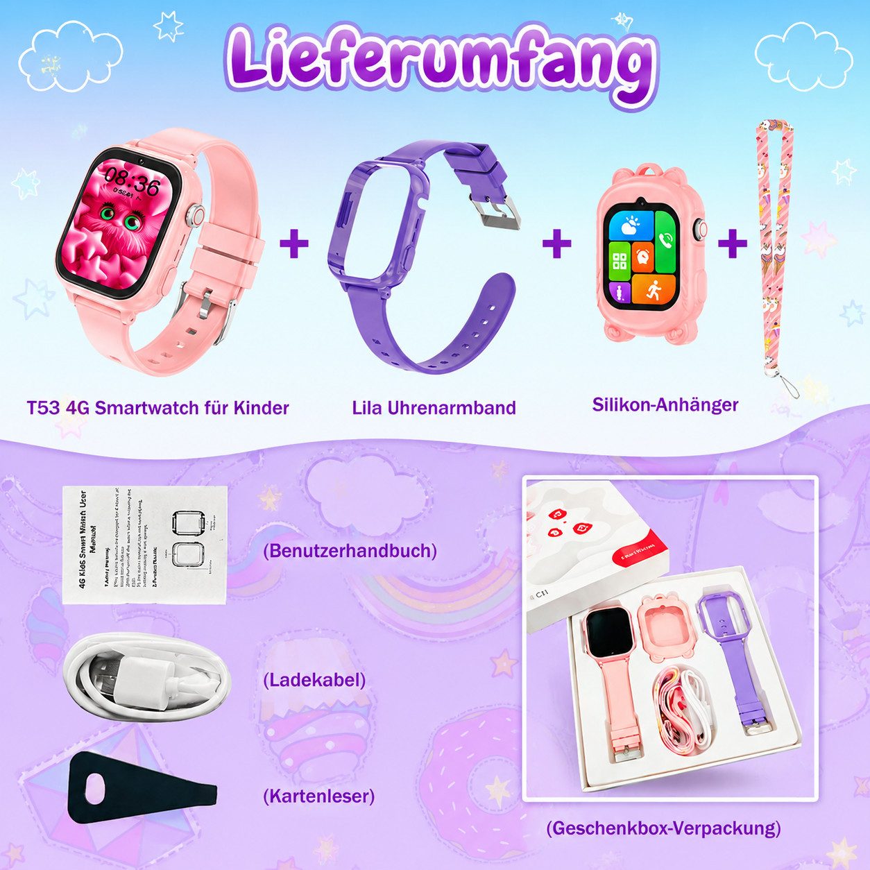 Vashoy 2026 Kinderuhr T53Neue Smartwatch Kinder mit GPS, Kameras, Smartwatch (5 cm/1.83 Zoll, Android/4G (LTE) 4G Telefonfunktionen Smartwatch, 7-tlg., Schulmodus,Geschenke für Kinder im Alter von 5 bis 16 Jahren