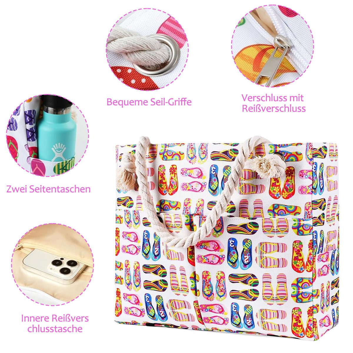 MOPUEA Strandtasche Strandtasche wasserdicht Damen mit Reißverschluss und großem Stauraum (XXL Strandtasche für Strand, Reisen, Sport und Einkäufe, Viel Stauraum für Handtücher, Kleidung und Strandzubehör), Wasserdicht, reißfest, leicht, großes Nassfach innen
