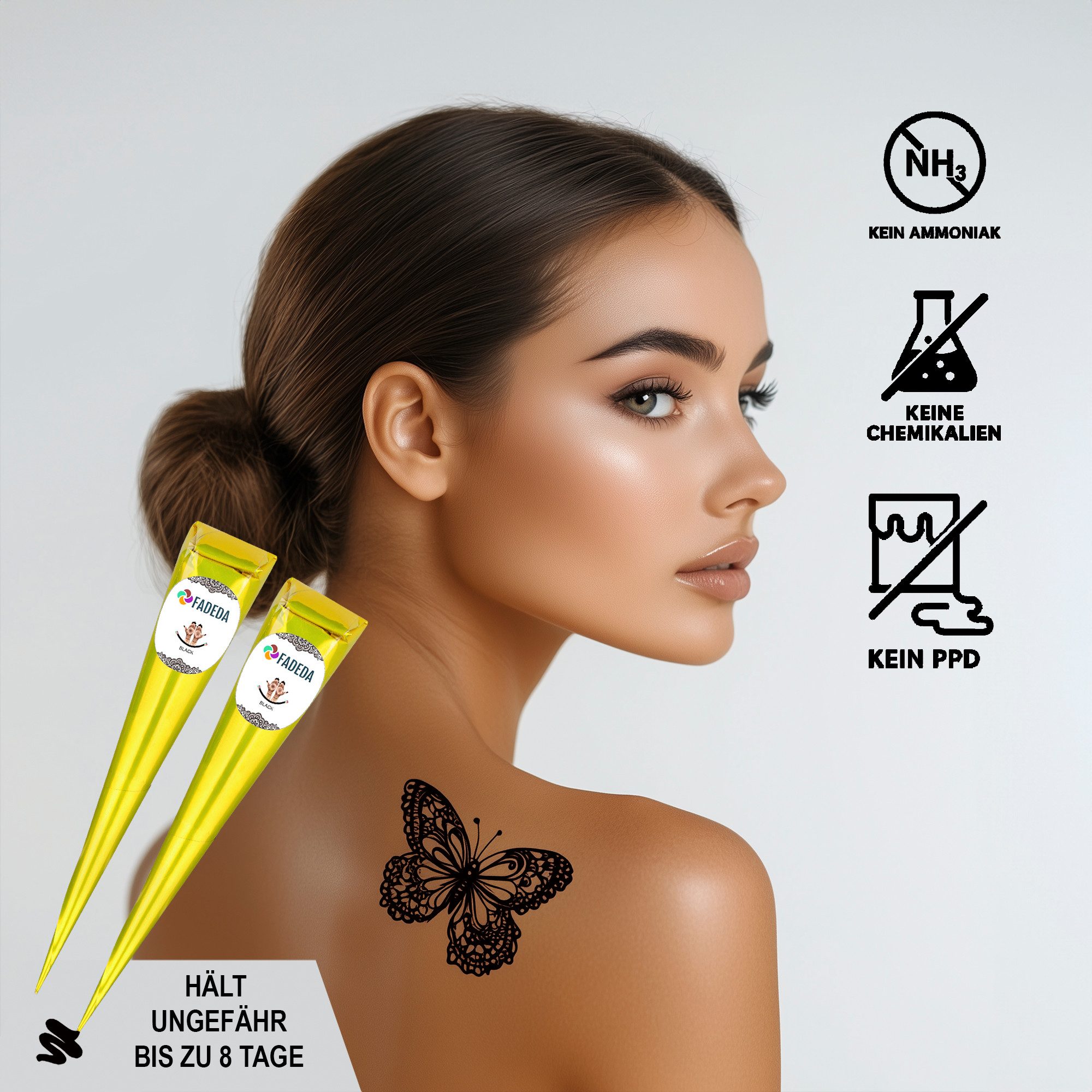 FADEDA Strass-Tattoo 4x Henna Kegel je 25g natürliche Paste, 10x Schablonen, 100 % Bio, 4 Henna Kegel je 25 Gramm + 10x Schablonen, 100 % NATÜRLICHE HENNA-PASTE INKLUSIVE 10x SCHABLONEN