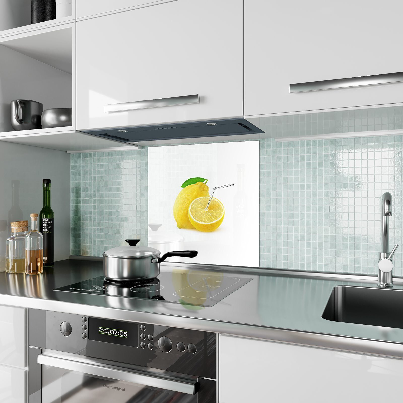 Primedeco Küchenrückwand Küchenrückwand Spritzschutz mit Strohalm Motiv Glas Zitrone mit