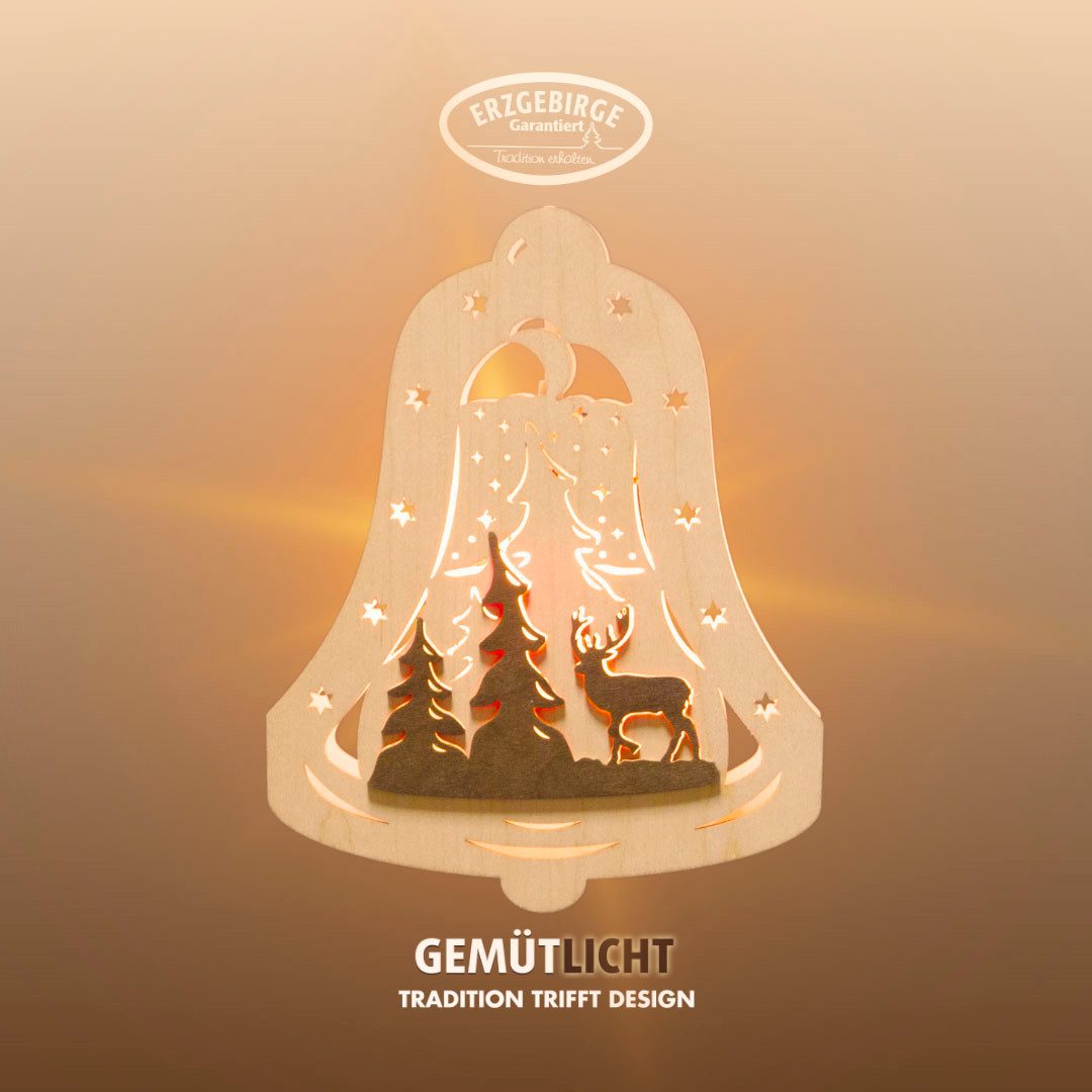 Weigla Dekofigur beleuchtetes Fensterbild,Glocke, Waldmotiv,NATUR-BRAUN,Made in Germany (1 St), Erzgebirge garantiert, Weihnachtsdeko Innen, Weihnachtsbeleuchtung