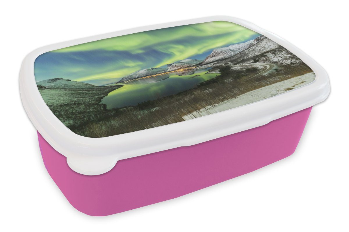 MuchoWow Lunchbox Nordlichter - Fjord - Norwegen, Kunststoff, (2-tlg), Brotbox für Erwachsene, Brotdose Kinder, Snackbox, Mädchen, Kunststoff rosa | Lunchboxen