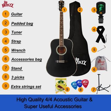 Winzz Konzertgitarre 4/4, Anfänger Gitarren 41 Zoll mit Gitarrentkoffer, Akustikgitarr Hochwertiger Holzauswahl und Vollständigem für Komfort