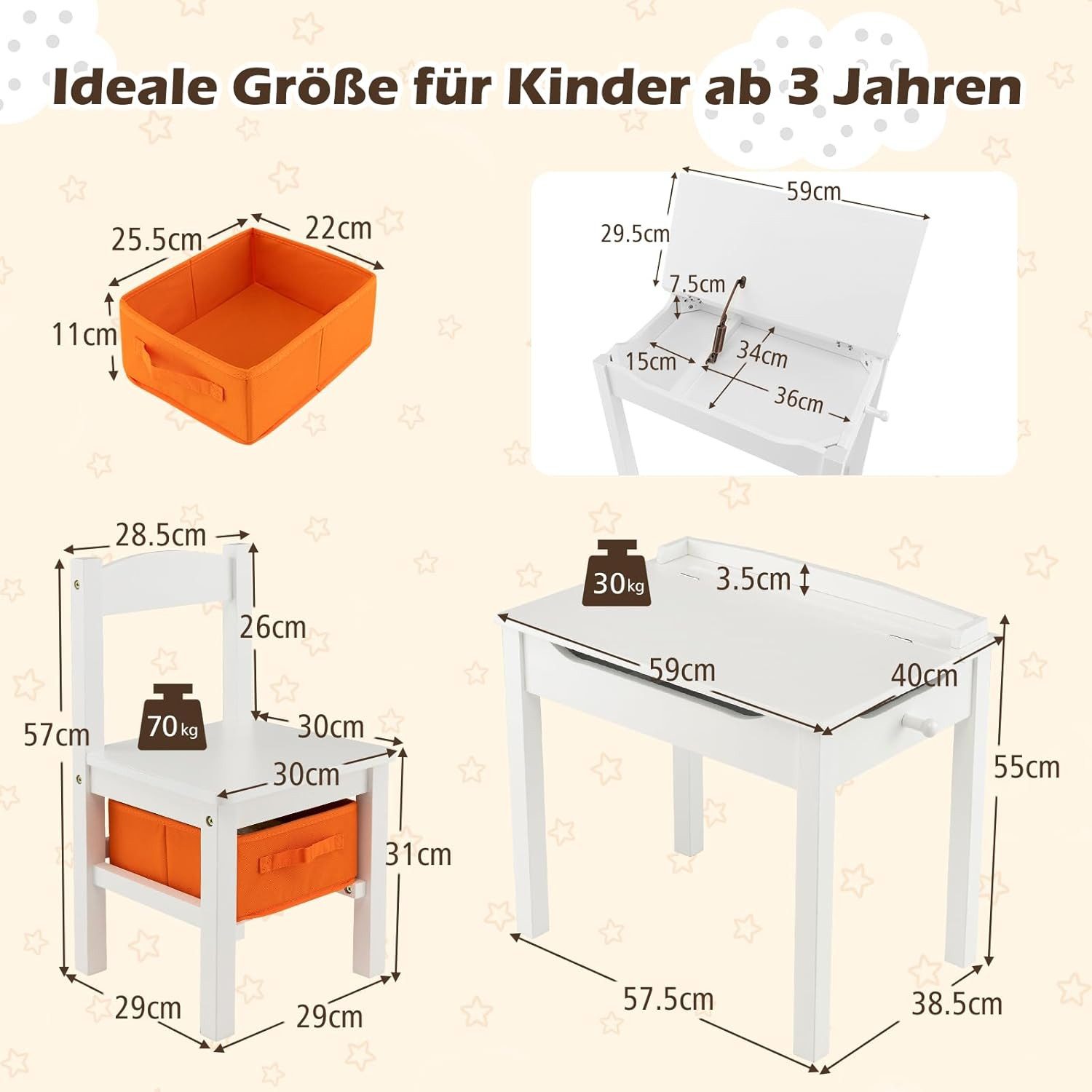 KOMFOTTEU Kindertisch, mit Stuhl, aufklappbarer Tischplatte & Sicherheitsgelenk & Haken
