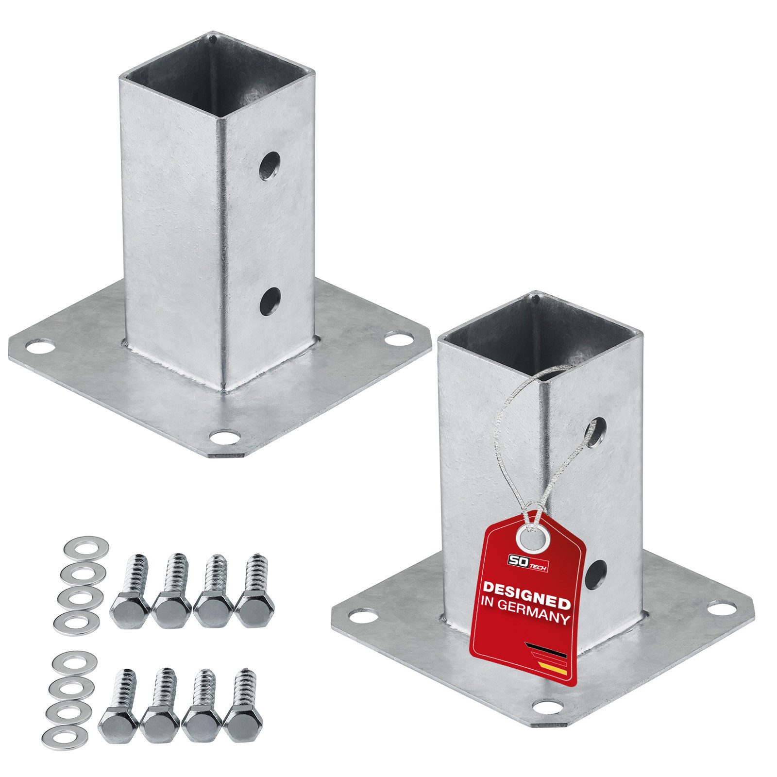 SO-TECH® Pfostenträger für Vierkantholz, zum Aufschrauben, aus Stahl feuerverzinkt, (Spar-Set, 2-St), Höhe 122 mm, Terrasse Gartenpfosten 50 x 50 mm mit Schrauben