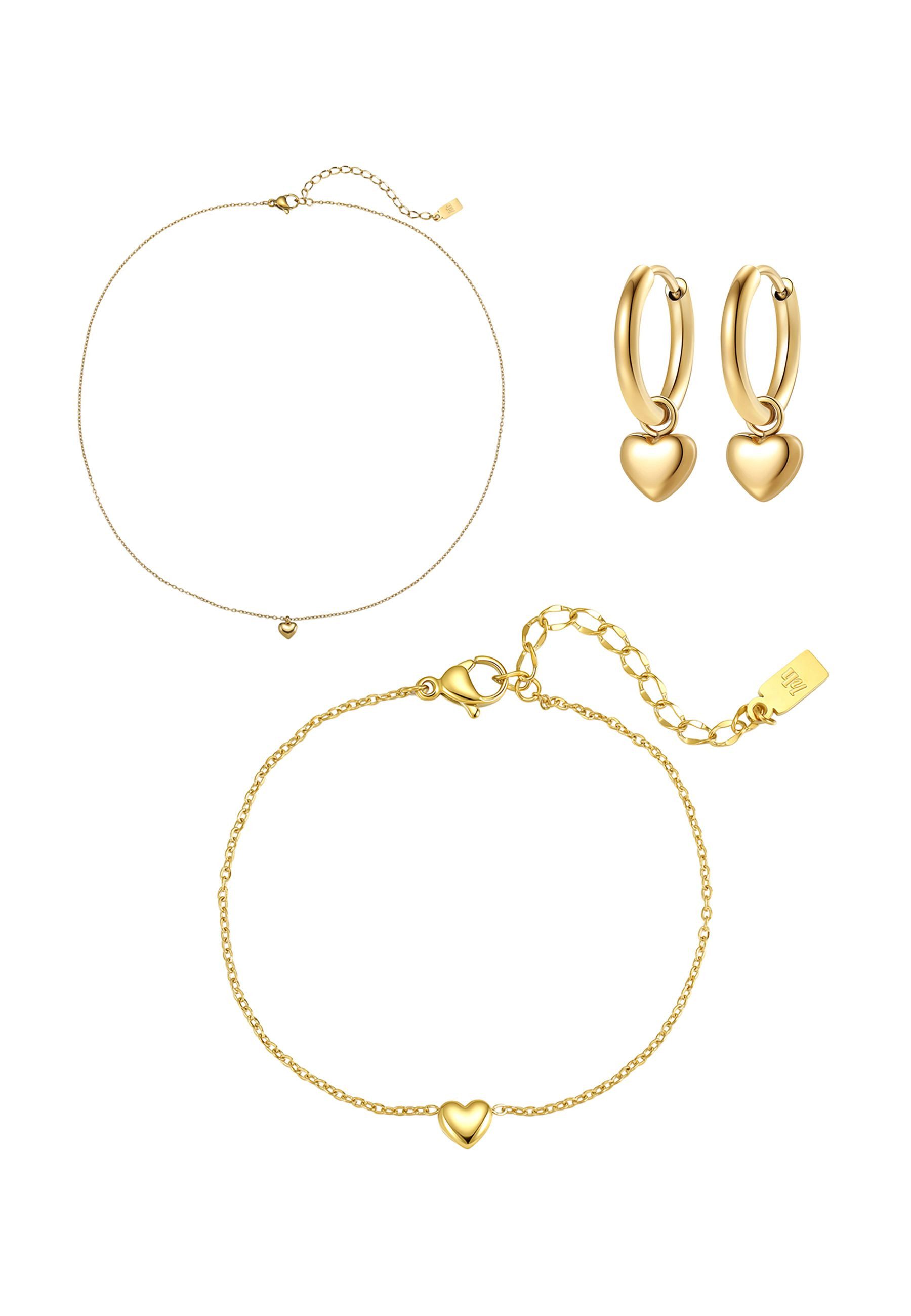 Hey Happiness Schmuckset Amor Herz, 4er Set mit Kette, Armband & Ohrringen, Delikates Schmuck Set Damen Edelstahl mit Herzchen Anhänger