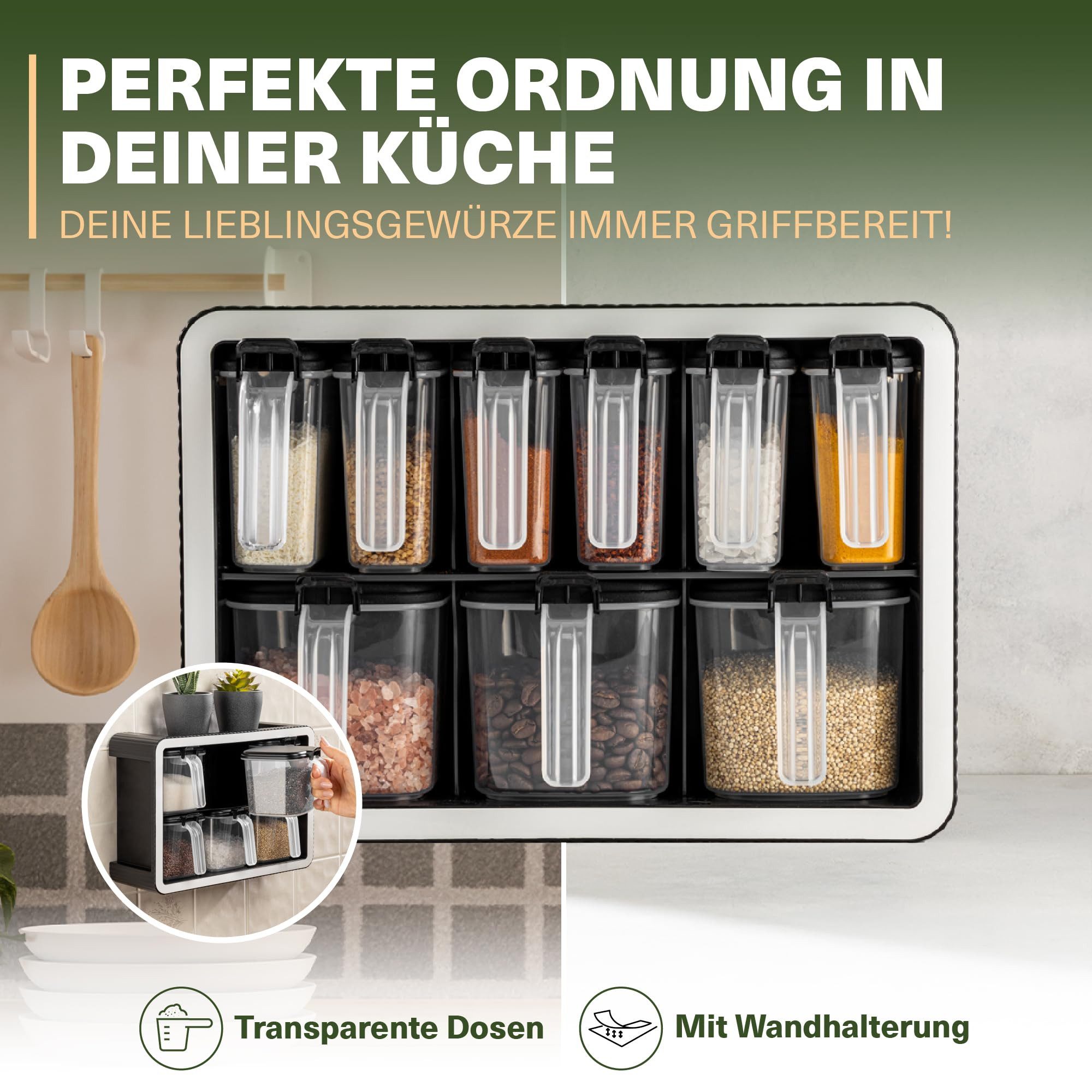 Viwares Gewürzbehälter Gewürzdosen für organisierte Küche platzsparendes Gewürzregal, (Set, 12er), Mit Wandhalterung und Löffeln