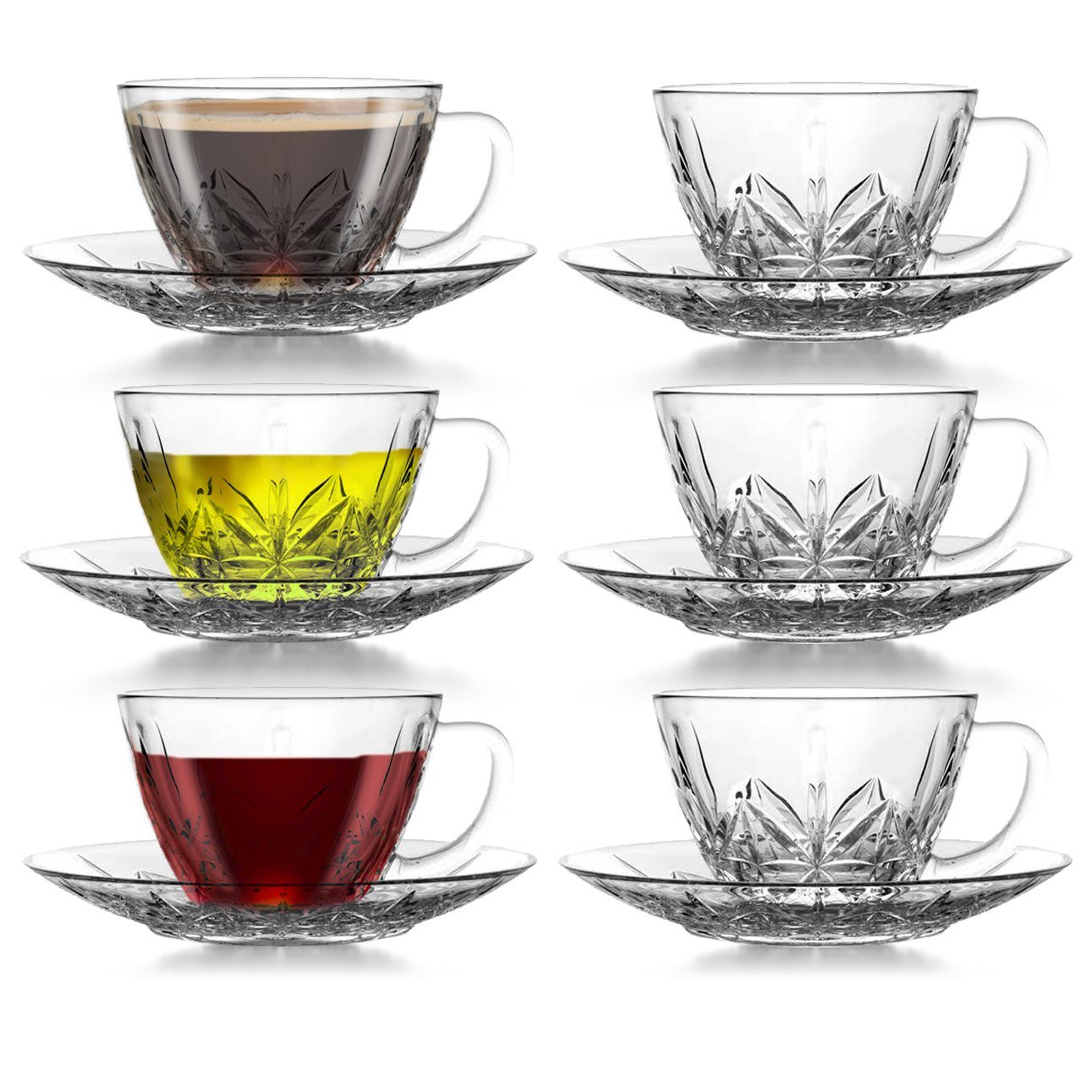 Melody Kaffeeservice Kaffeetassen Glastassen 12er Set mit Griff für 6 Personen spülmaschinenfest Trinkgläser für Tee Schwarztee Cay Tasse Glas Trinkglas Set, 6 Personen, Glas, Spülmaschinengeeignet, Spülmaschinenfest