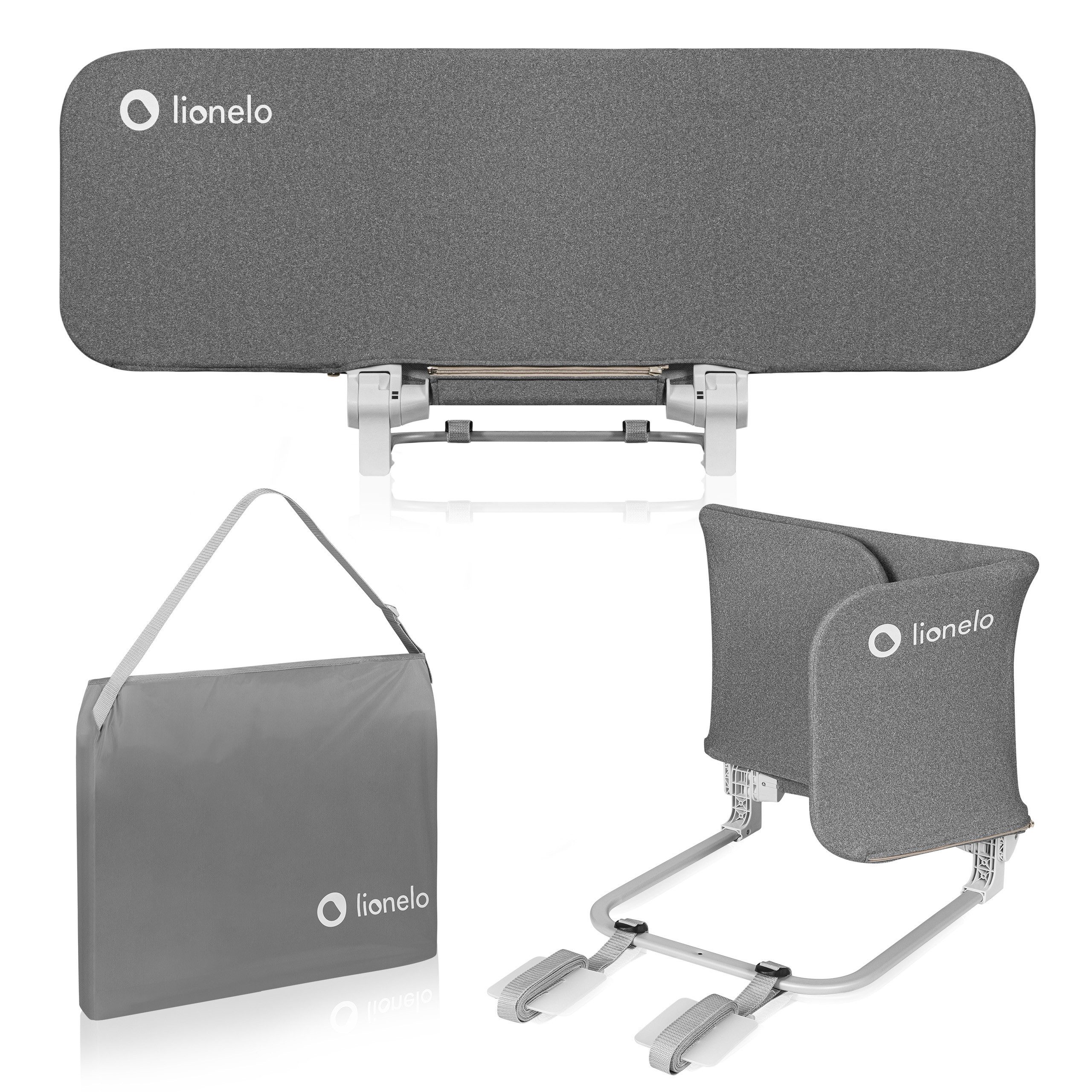 lionelo Bettschutzgitter LORA (Set, Schutzgitter mit 2 Sicherheitsgurten und Transporttasche), StandSafe/2 SecureBelts/180° absenkbar/Werkzeuglose Montage