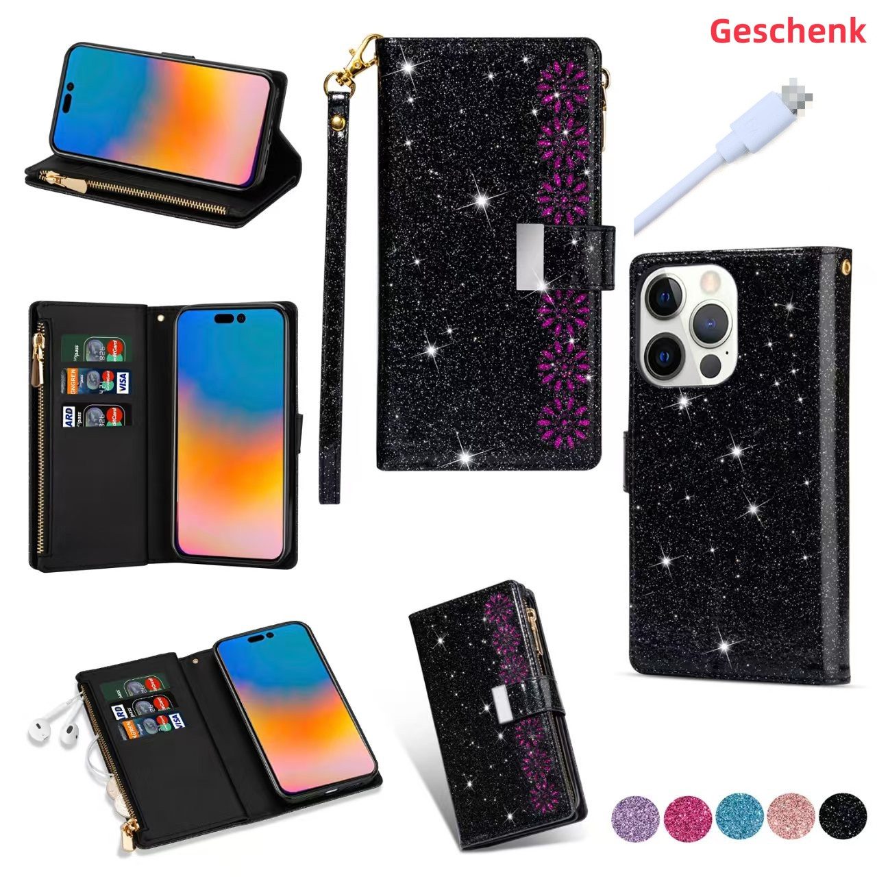trends for living Handyhülle Glitzer Hülle Tasche für iPhone 14 15 Pro Max Klapp Case Cover Seil