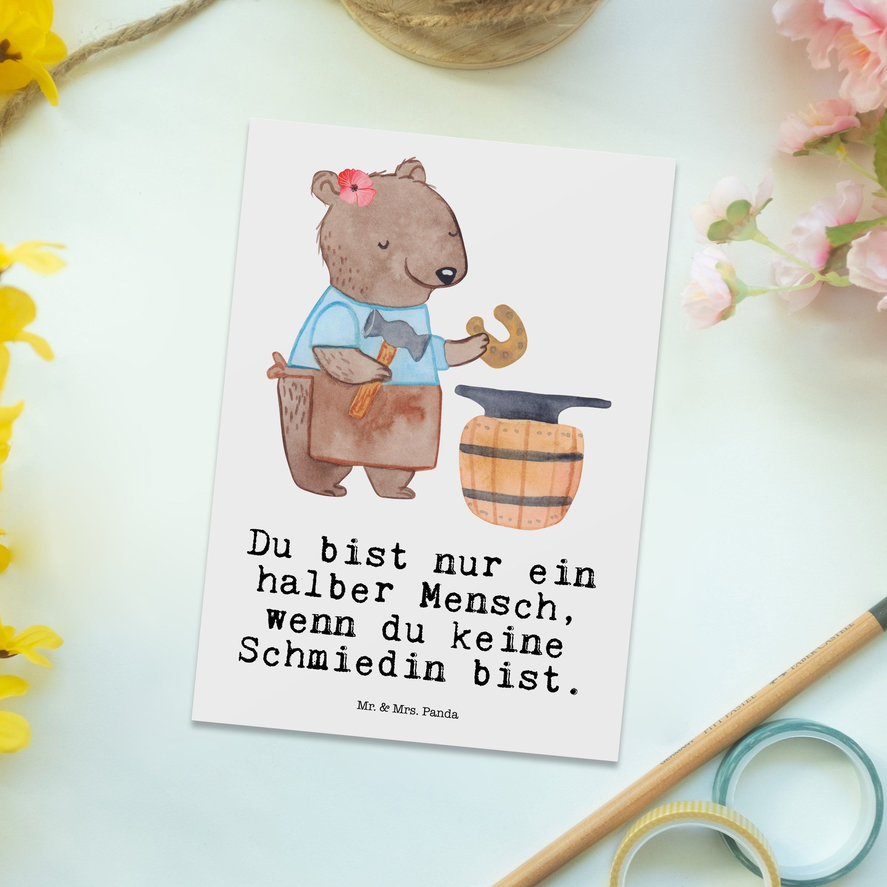 Dankeskarte, Mrs. - Panda Einlad Geschenk, Postkarte Dankeschön, mit & Weiß Herz Schmiedin Mr. -