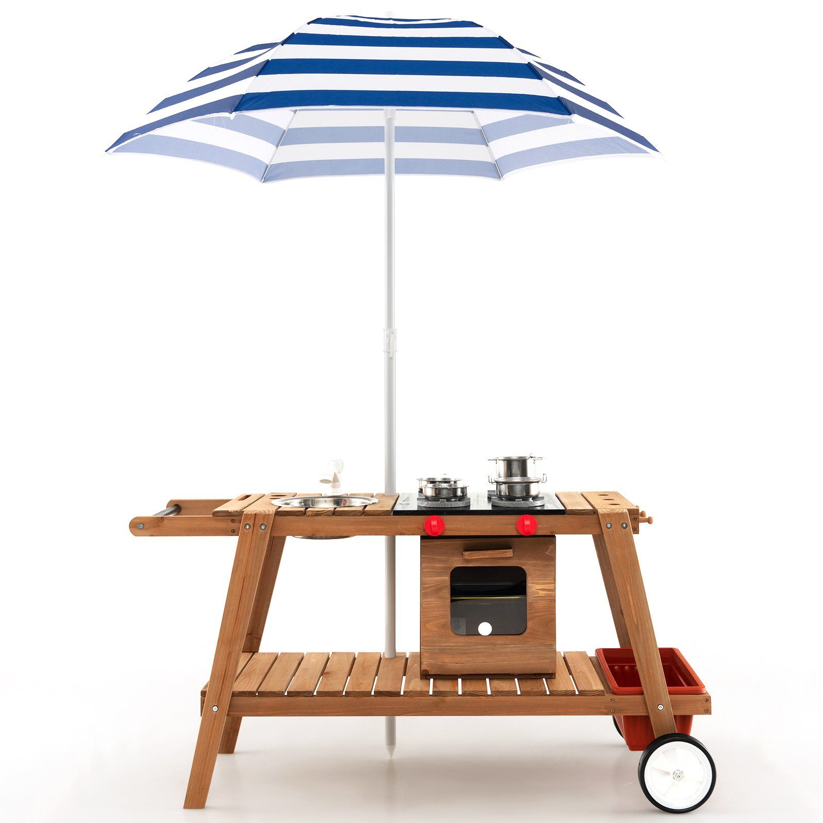 COSTWAY Outdoor-Spielküche Matschküche Holz, mit Sonnenschirm, aus Holz