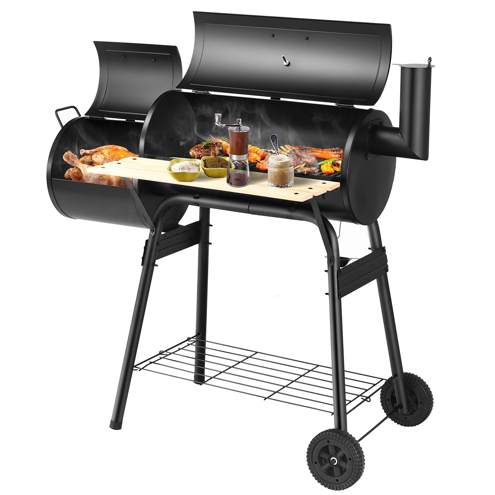 COSTWAY Holzkohlegrill Campinggrill 2 in 1, mit 2 Grillrost & Rädern