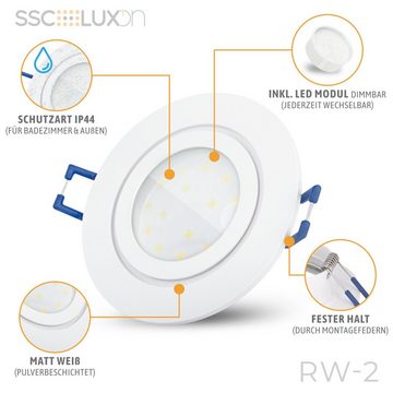 SSC-LUXon Außen-Deckenleuchte Dimmbarer LED Einbauspot RW-2 flach in weiss & rund IP44 LED Modul, Neutralweiß