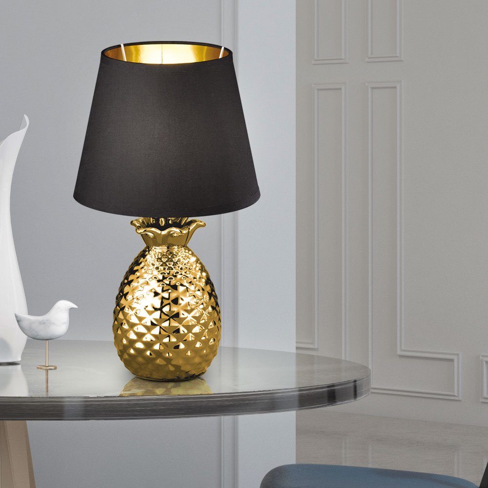 Lampe Warmweiß, Tischleuchte, Textil Schreib Tisch SCHWARZ Leuchtmittel Ananas etc-shop inklusive, LED Design- GOLD Nacht