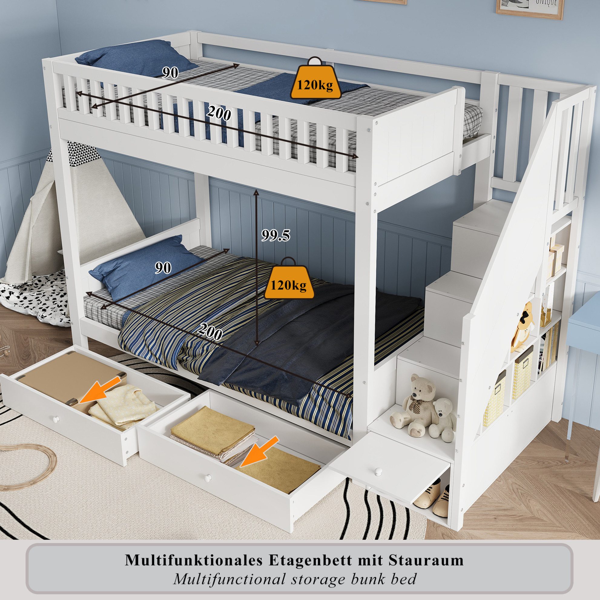 REDOM Etagenbett Kinderbett mit integrierter Aufbewahrungstreppe, Stauraumbett (90x200 cm, zwei Bettboxen und Rausfallschutz, Holzbett Jugendbett), ohne Matratze