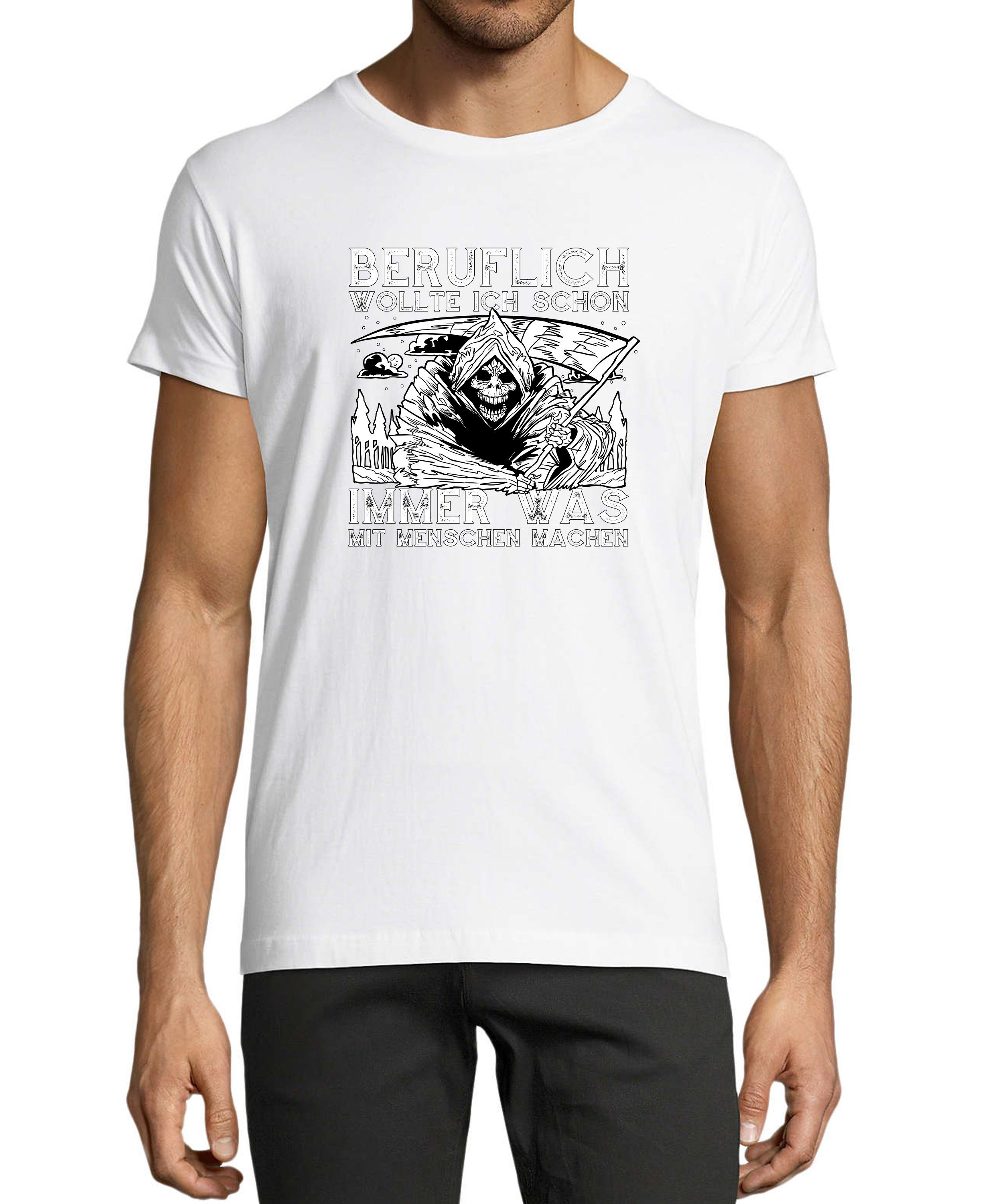 mit Fit, Sense Reaper T-Shirt Shirt Aufdruck Baumwollshirt Print Skelett Grim MyDesign24 mit i299 Regular - weiss Herren