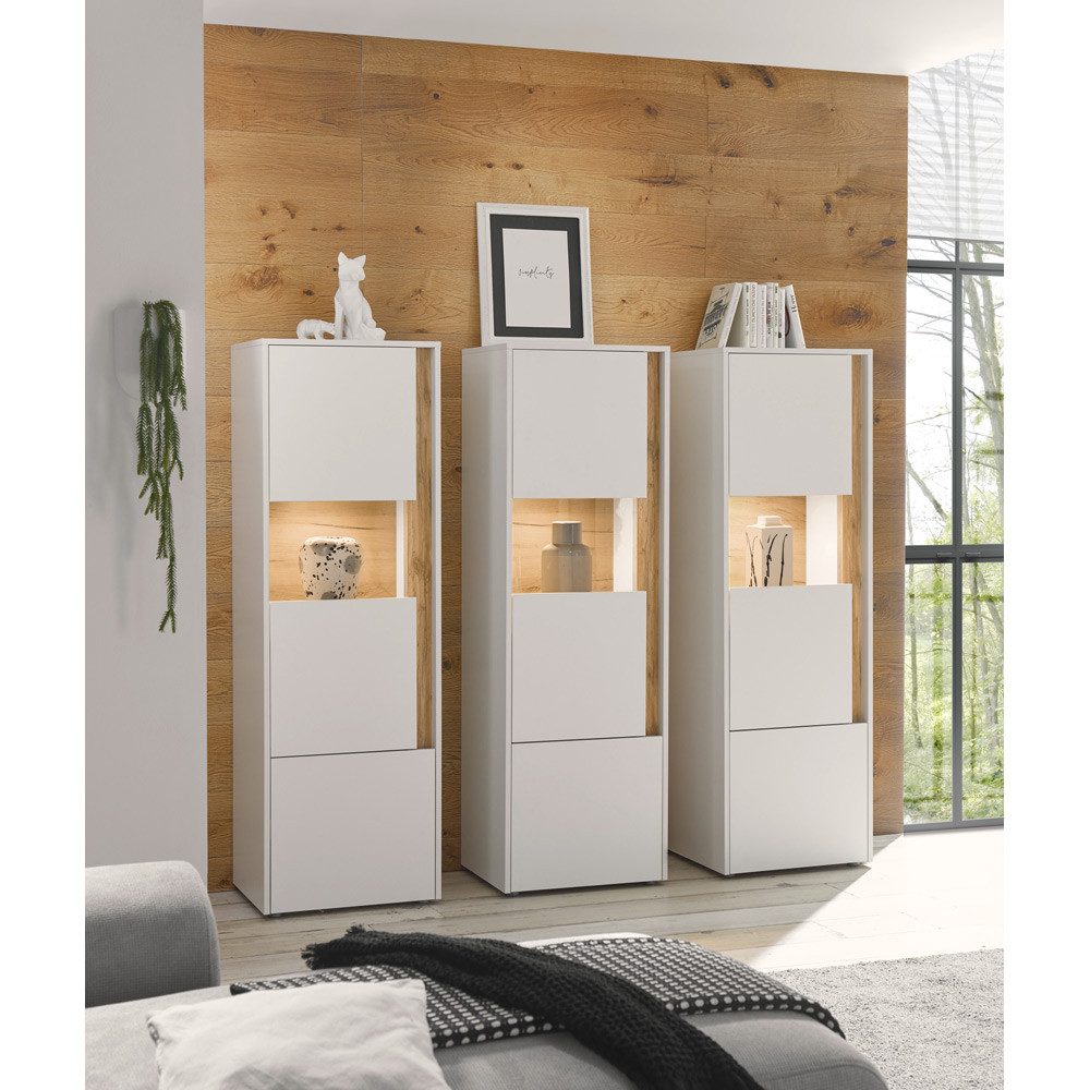 Lomadox Vitrine CRISP-61 weiß mit Absetzungen in Wotan Eiche Nb. 190/155/40 cm