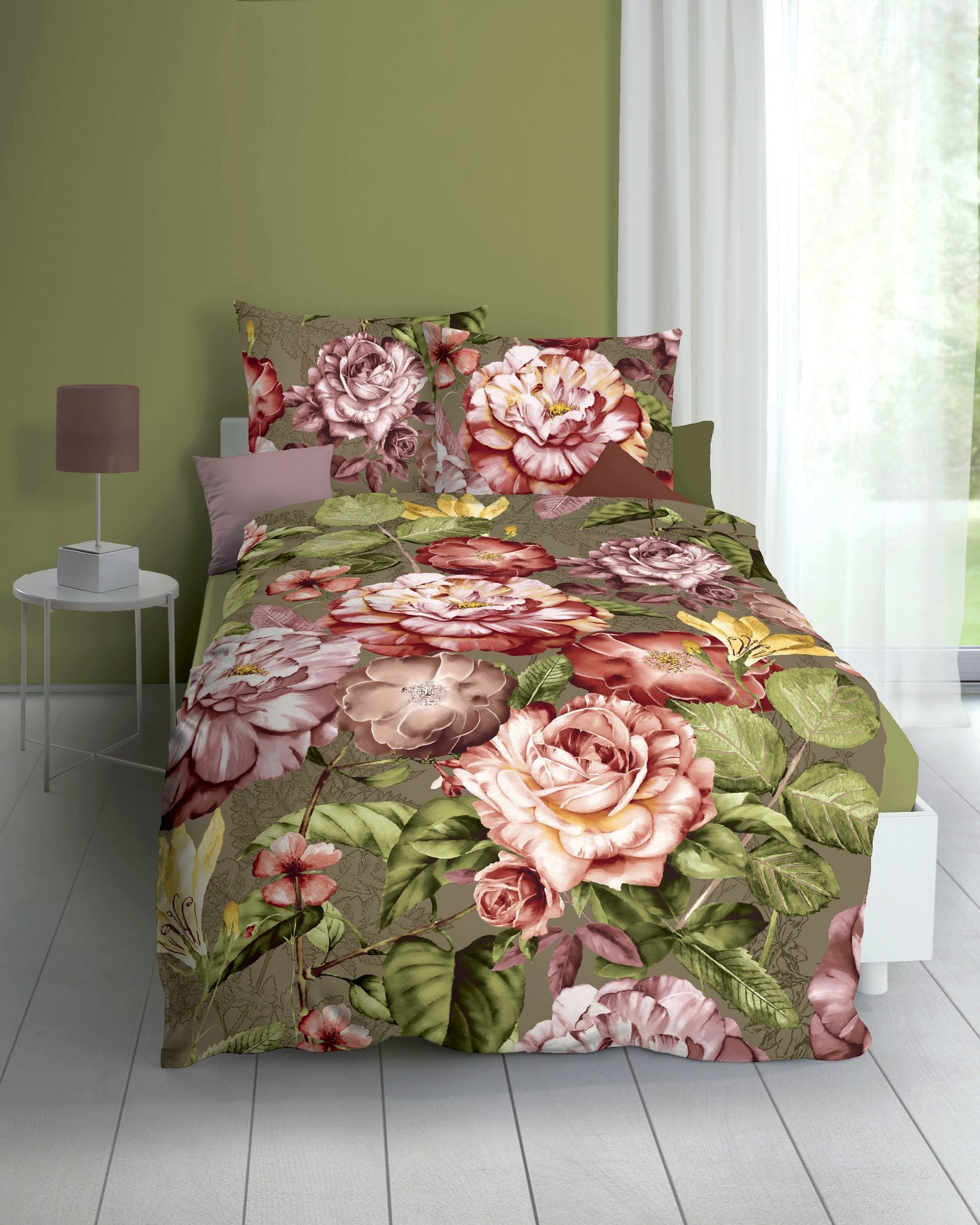 JACK Bettwäsche 135x200cm Serena Anthrazit Oliv Rosen Blumen, Biber, 2 teil günstig online kaufen