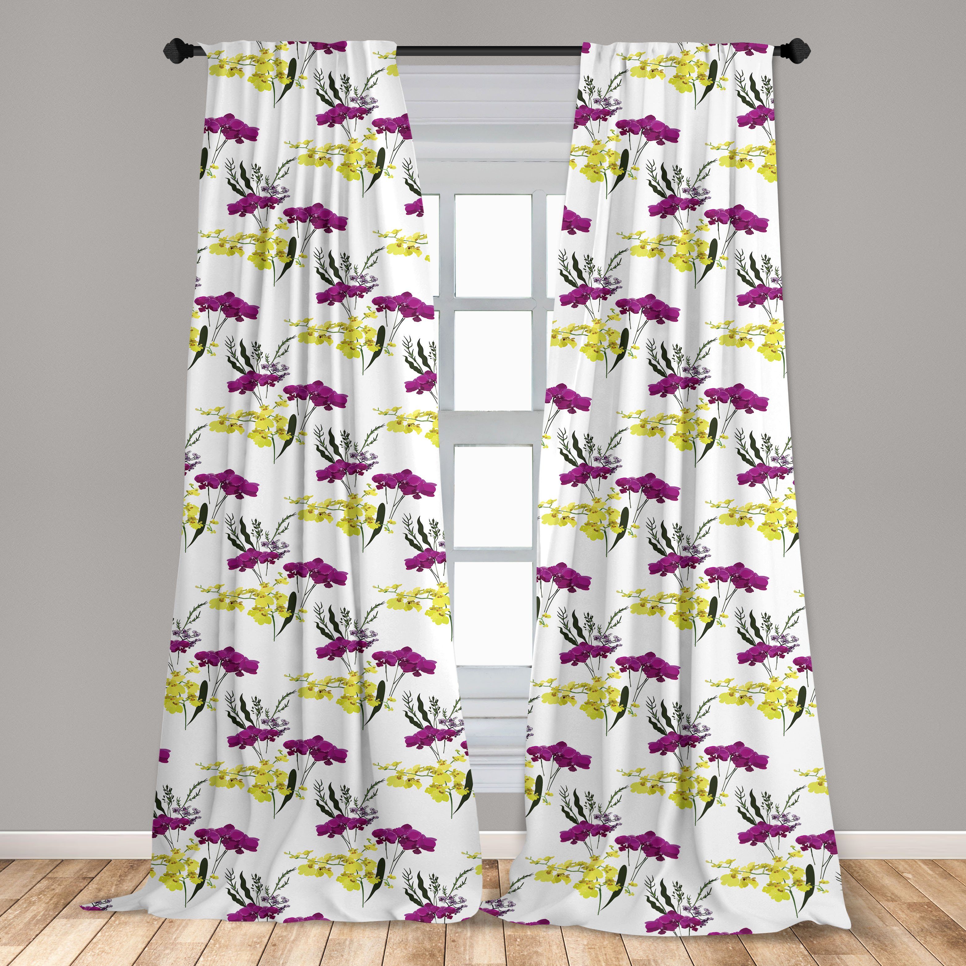 Gardine Vorhang für Wohnzimmer Schlafzimmer und Abakuhaus, Orchideen Blumen lila Gelb Microfaser, Dekor