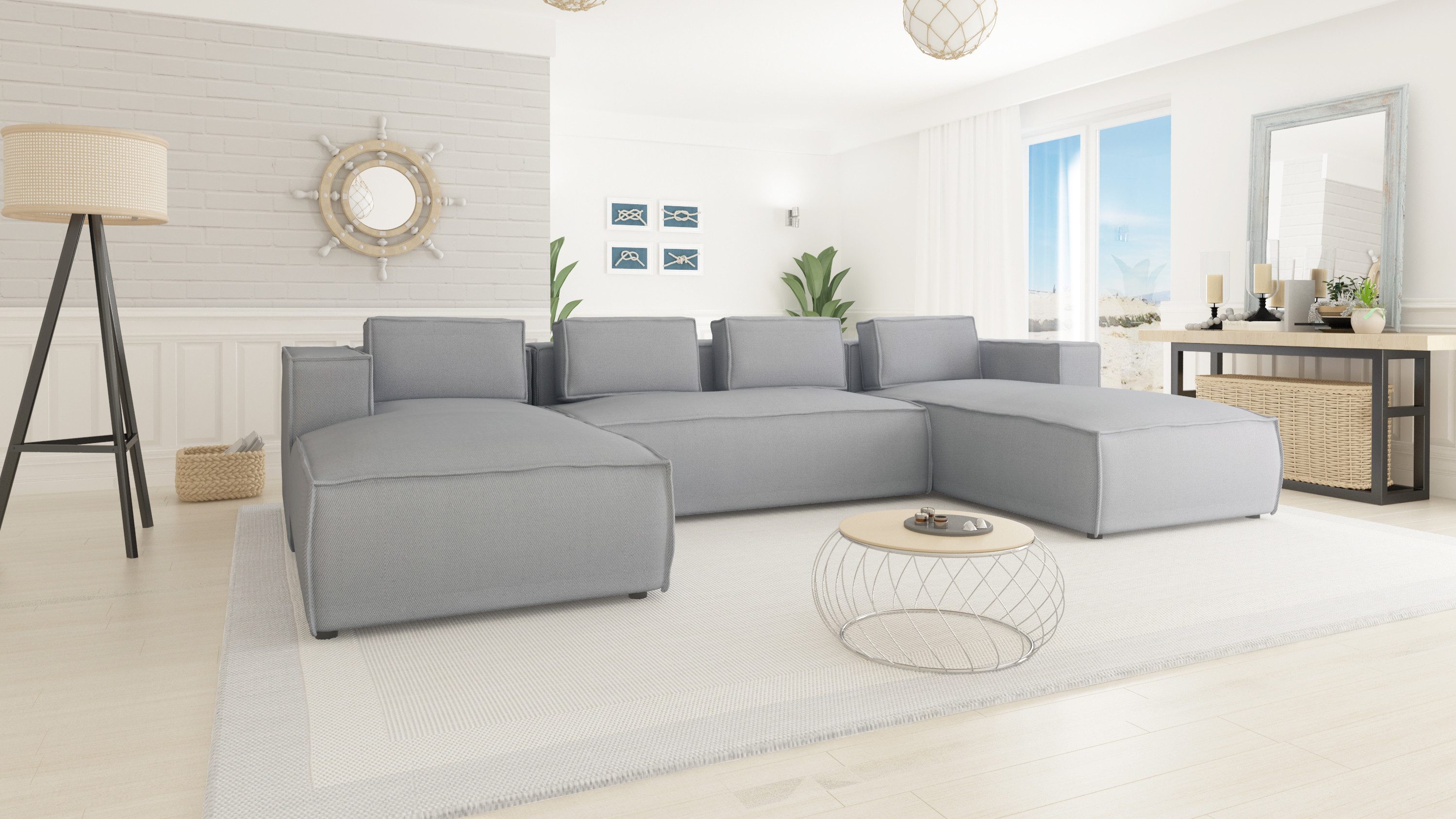 S-Style Möbel Wohnlandschaft Renzo aus Luxusmicrofaser mit weichem Sitz, Die Ottomane befindet sich auf zwei Seiten, mit Wellenfederung