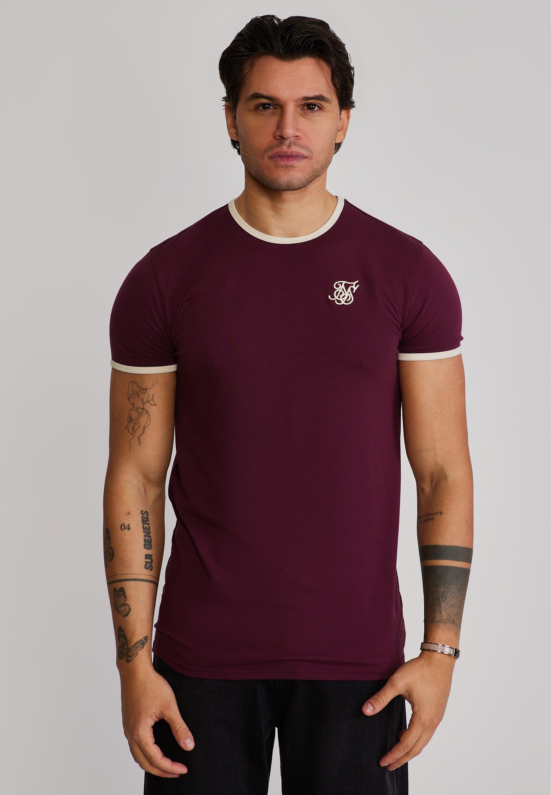 Siksilk T-Shirt SikSilk Herren Burgunderrot and Ecru Ringer T-Shirt