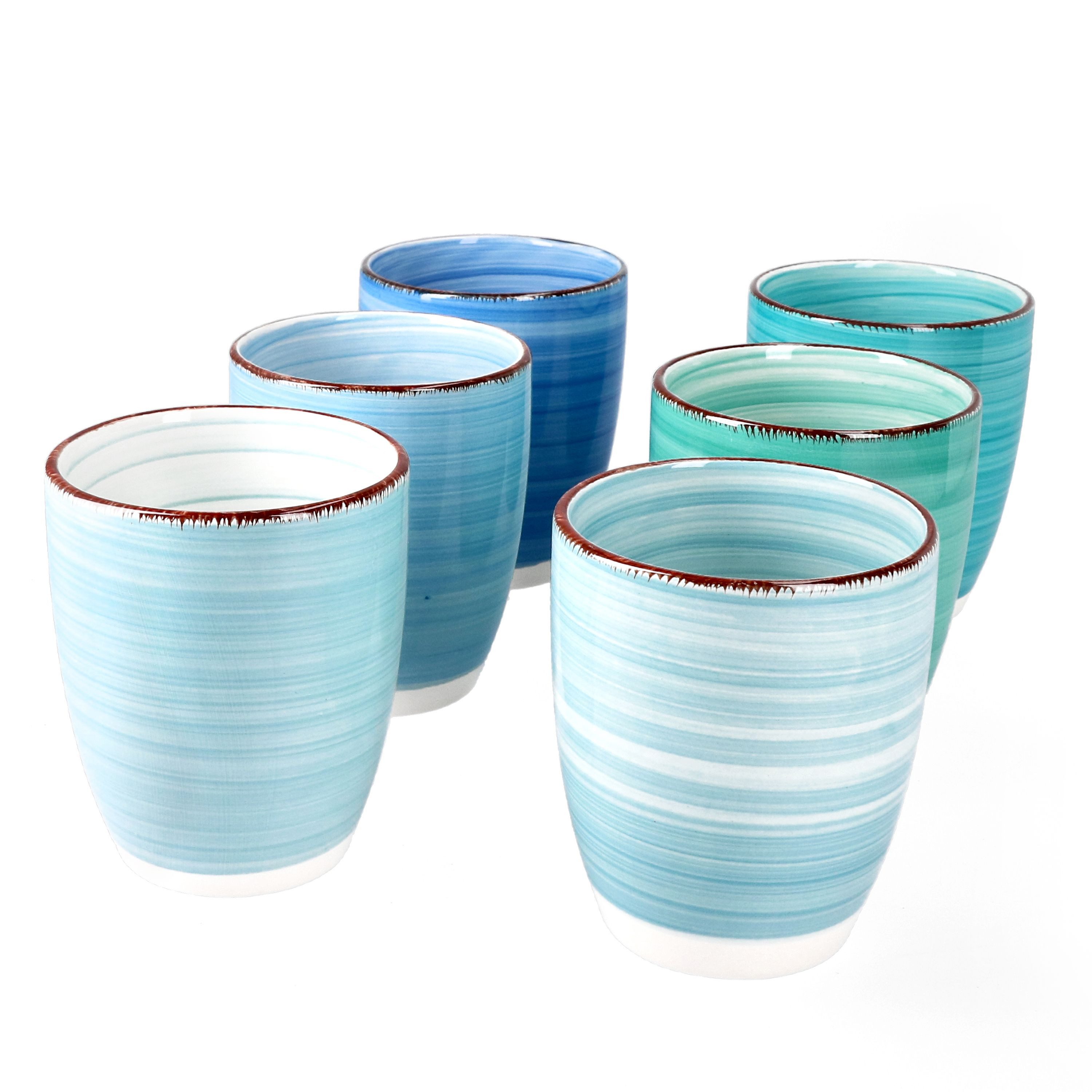 MamboCat Becher 6er Kaffeebecher Set Blue 300ml ohne Henkel Trinkbecher Tee Pott, Steingut