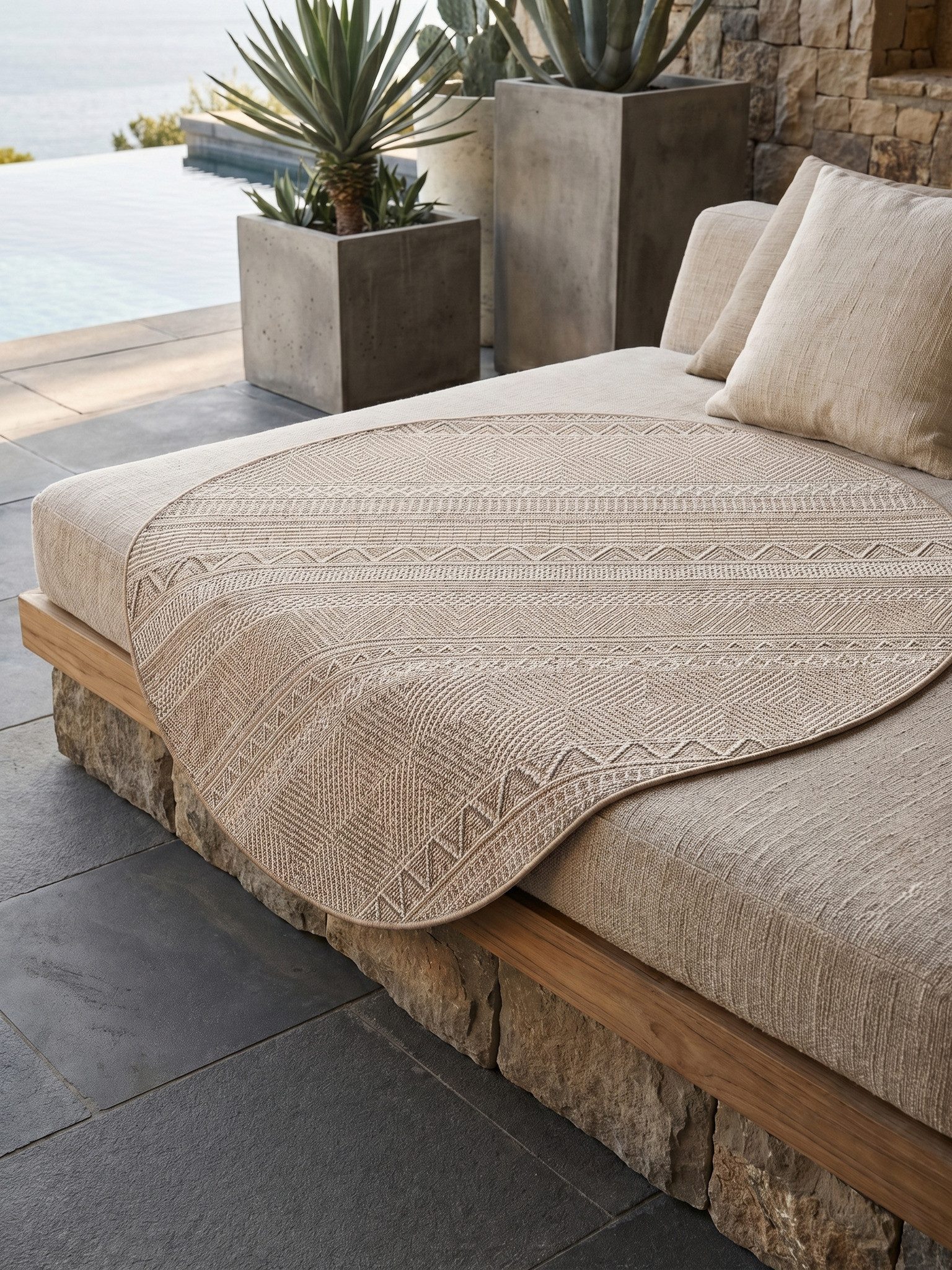KADIMA DESIGN Teppich VENTOUX Wetterfest UV-Beständig Balkon Waschbar Strapazierfähig, Rund, Höhe: 5 mm, Beige, 80x80 cm, Outdoor Balkonteppich Terrasse Pflegel – Bild 5 von 5