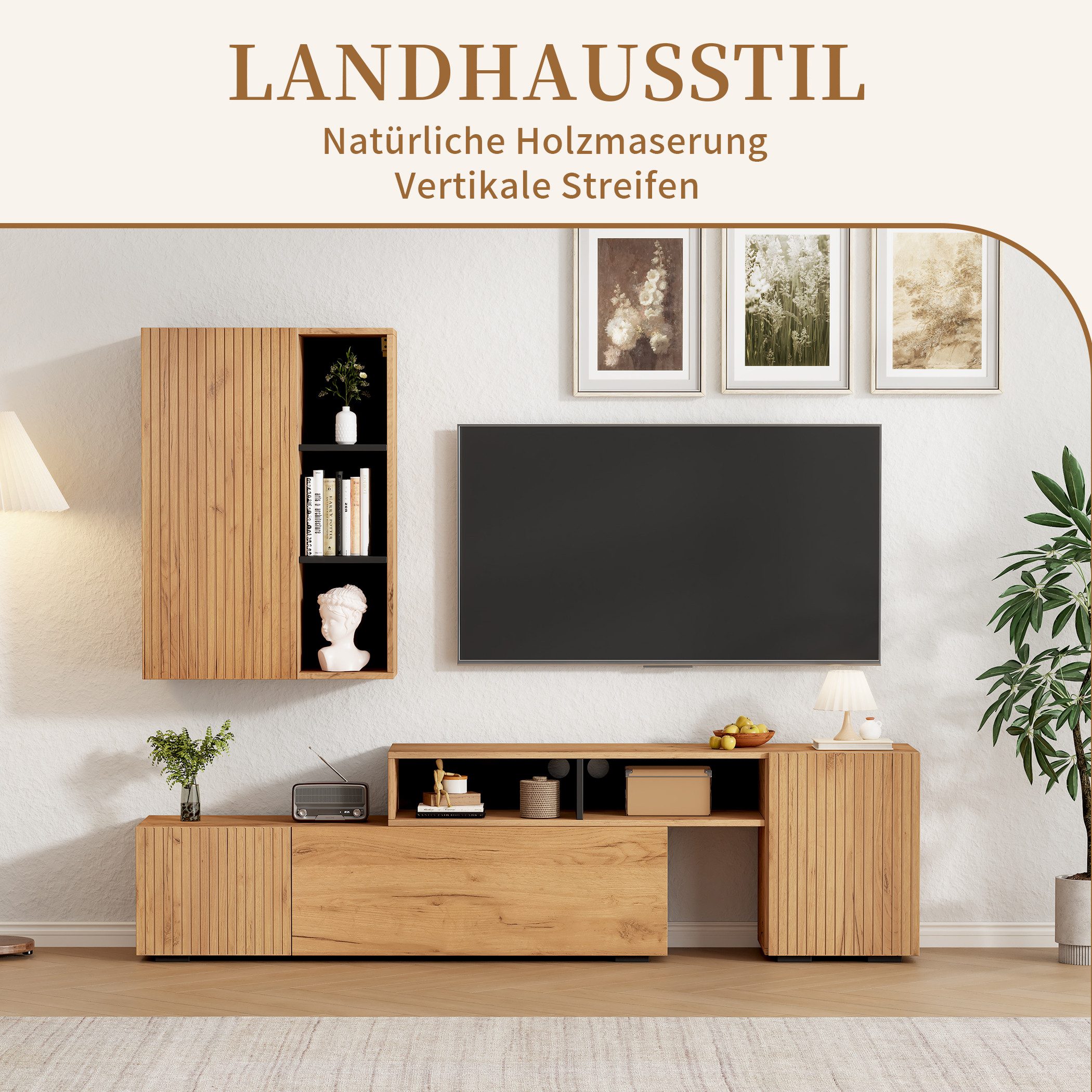 SeedWave Lowboard Combo-Set, 1 TV-Schrank und Hängeschrank, 4 Türen, Kabeldurchführung, Der L-förmiger Schrank bewegt flexible für Verstellung der Länge