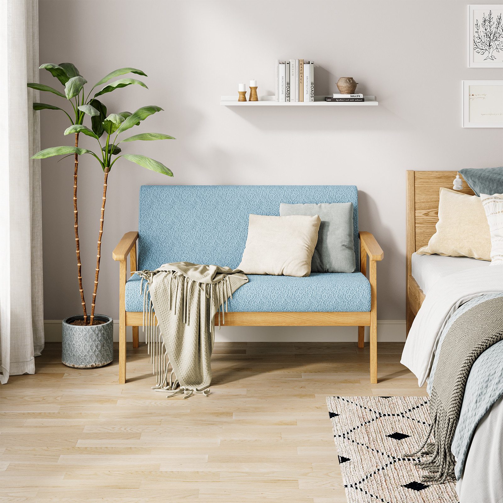 Dripex 2-Sitzer Stoffsofa Couch mit Holz Armlehnen Loungesofa, Teddysamt – Bild 5 von 5