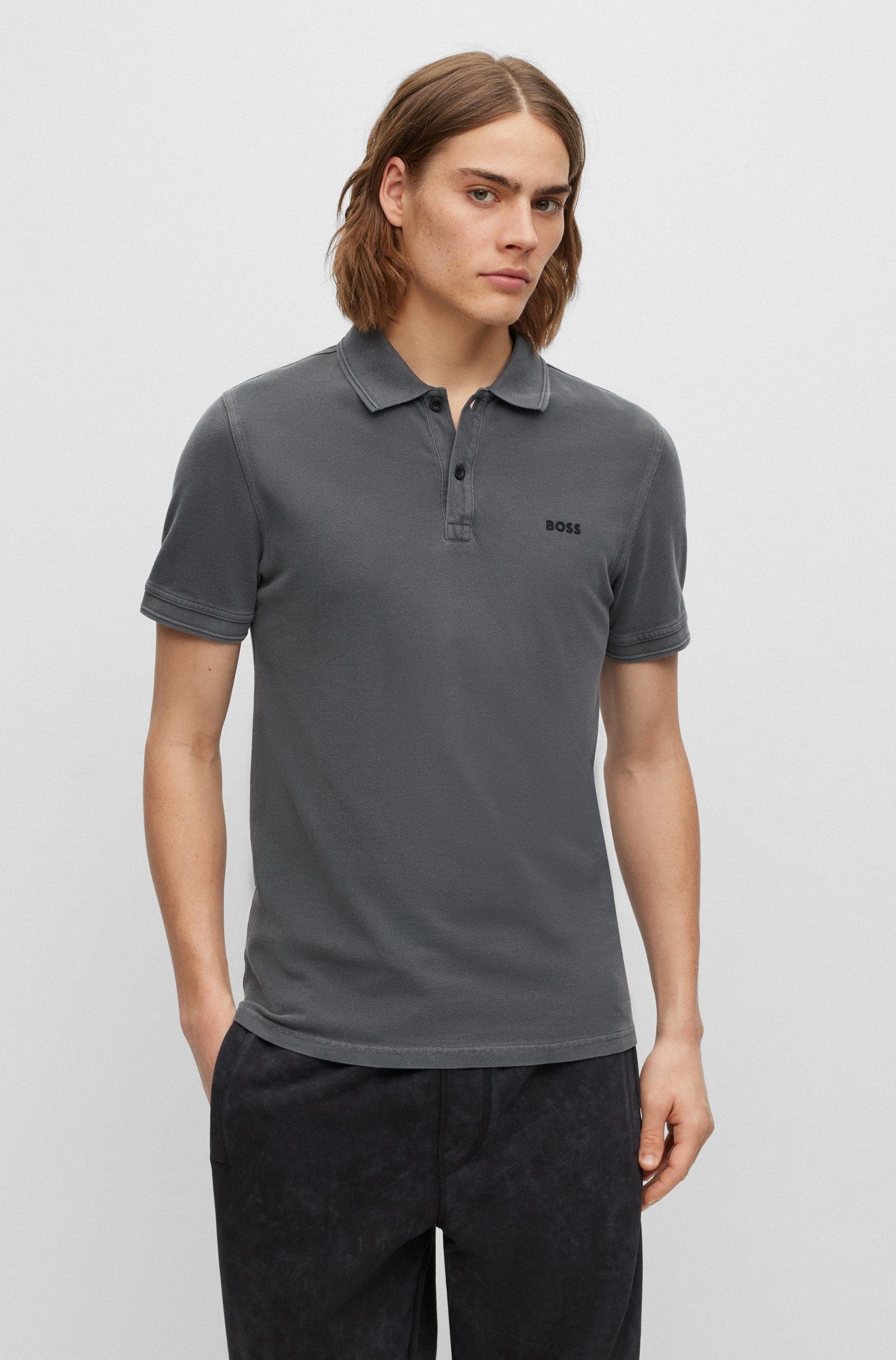 BOSS ORANGE Poloshirt Prime Dark_Grey der Logoschriftzug mit Brust 01 dezentem 10203439 auf