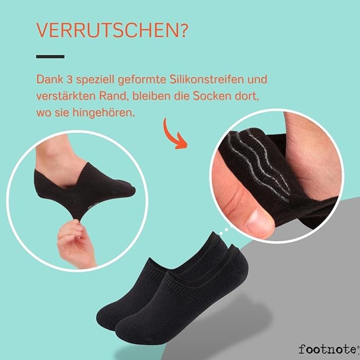 FOOTNOTE Füßlinge Robinson/39-42/schwarz (8-Paar) unsichtbare Low Cut Sneakersocken, Invisible Socks mit Silikon