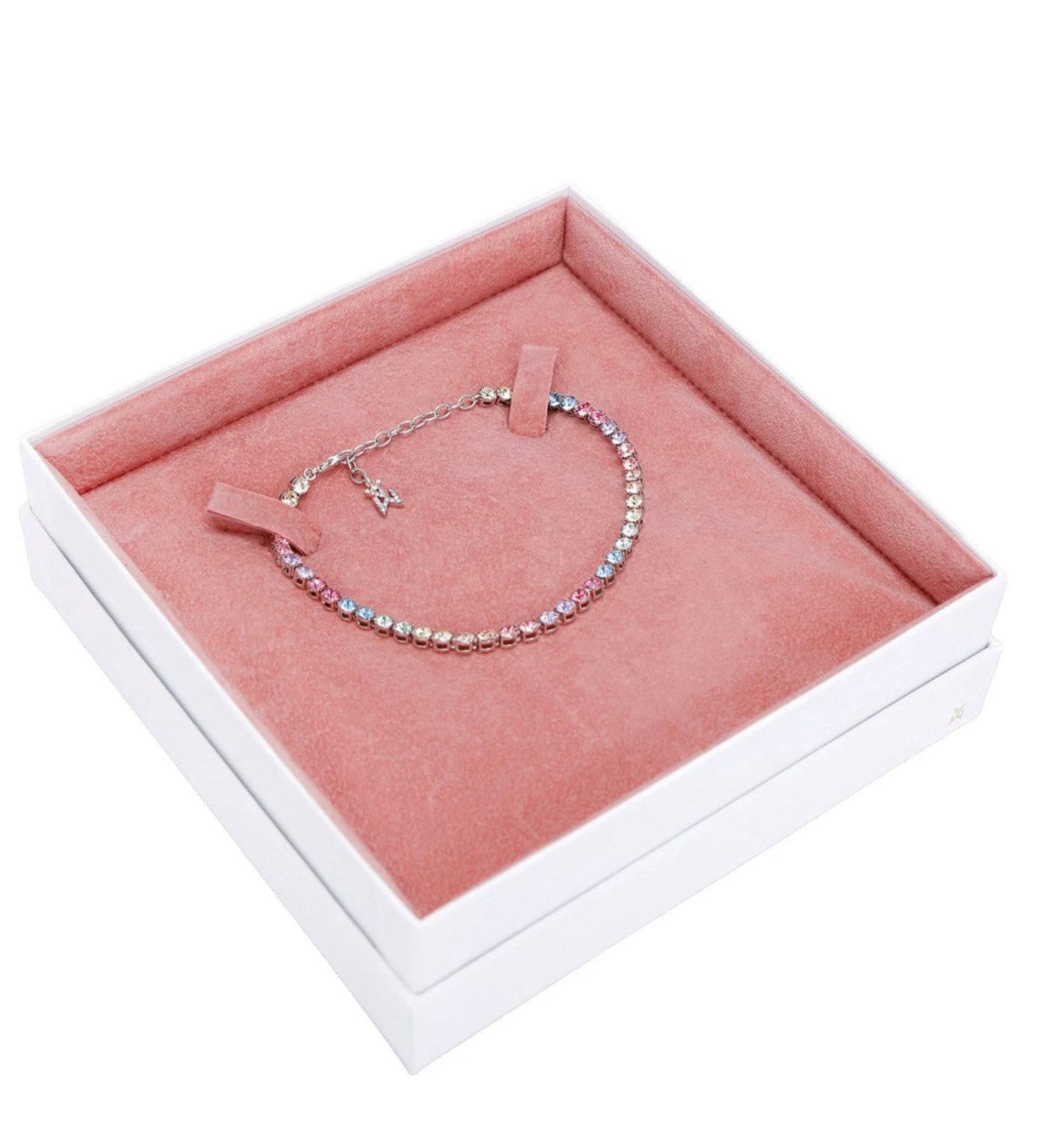 Amina Muaddi Tennisarmband Fußkettchen Candy Rainbow Kristalle Silber Swarovski Made in Italy, Rund geschliffene, facettierte Multicolor-Kristalle in Regenbogen