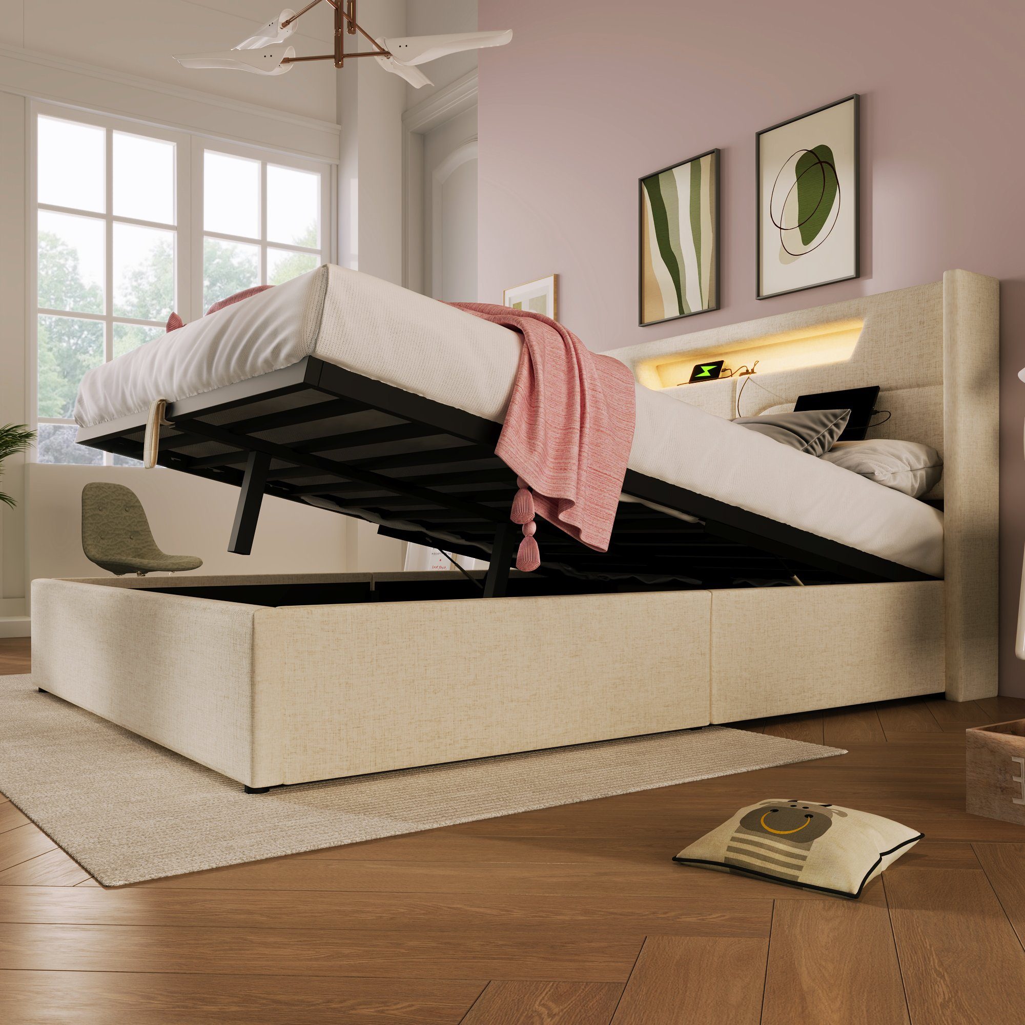 Flieks Polsterbett, LED Hydraulisches Doppelbett mit Stauraumkopfteil & Auf günstig online kaufen