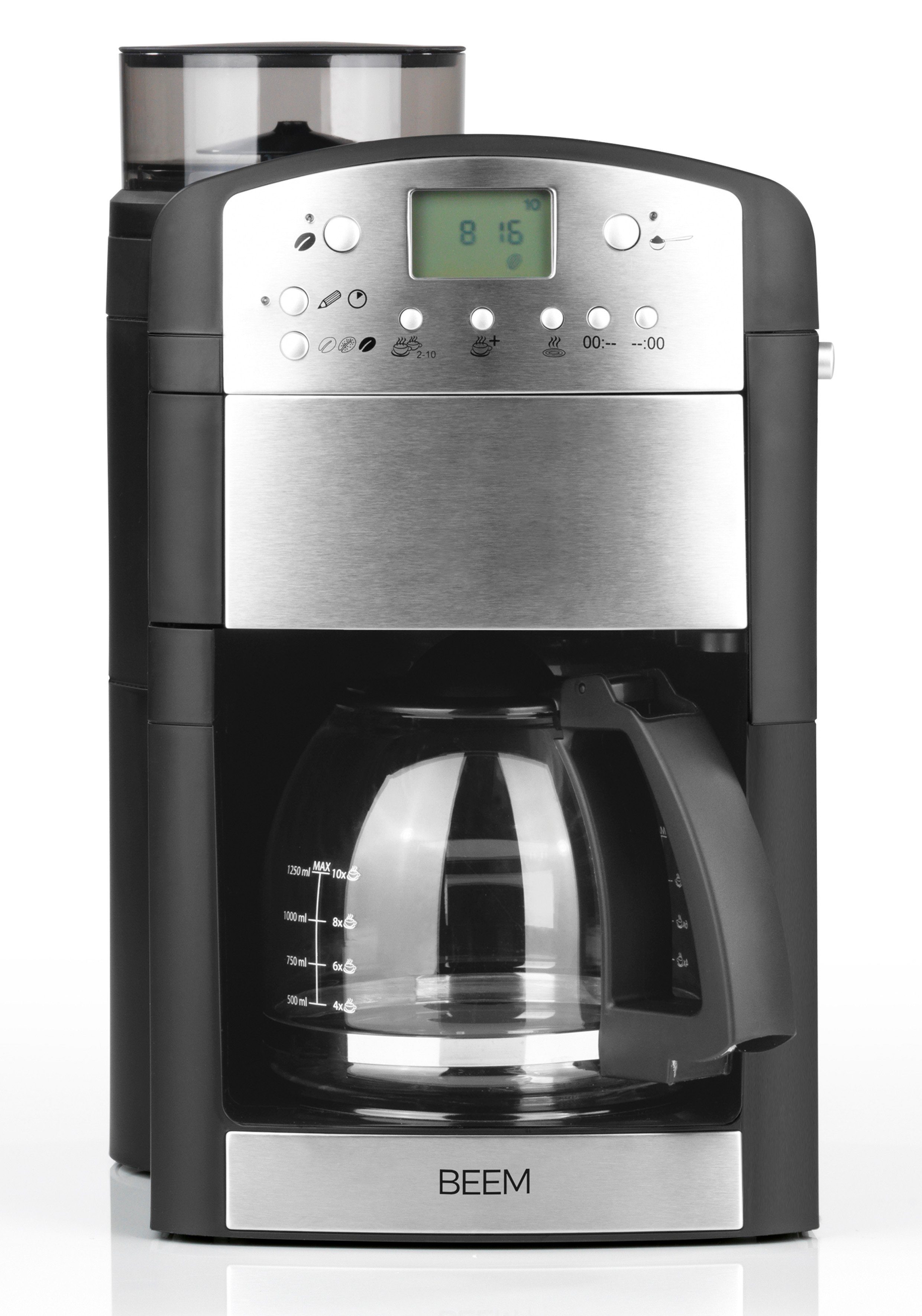 BEEM Filterkaffeemaschine 10 Tassen Fresh-Aroma-Perfect, 1.25l Kaffeekanne,  Papierfilter, Mahlwerk Glaskanne Permanentfilter Warmhalteplatte